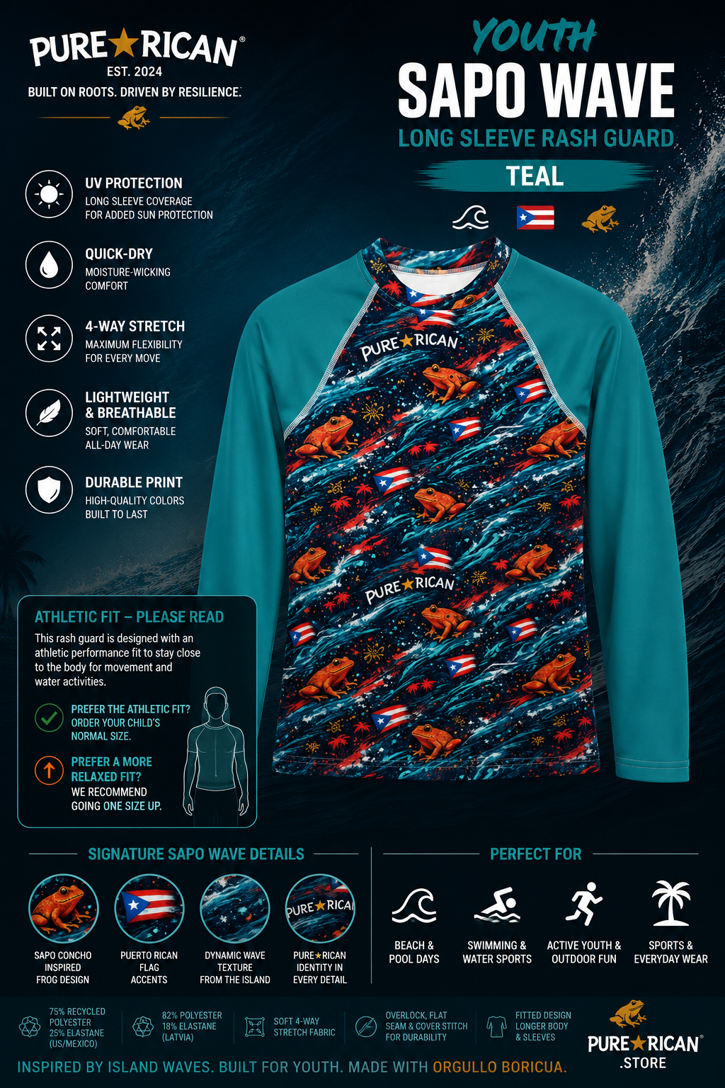Premium front-view promotional image of the Pure⭐️Rican Youth Sapo Wave Long Sleeve Rash Guard in teal featuring Sapo Concho-inspired frog artwork, Puerto Rican flag details, ocean wave textures, performance features, and athletic fit sizing information.