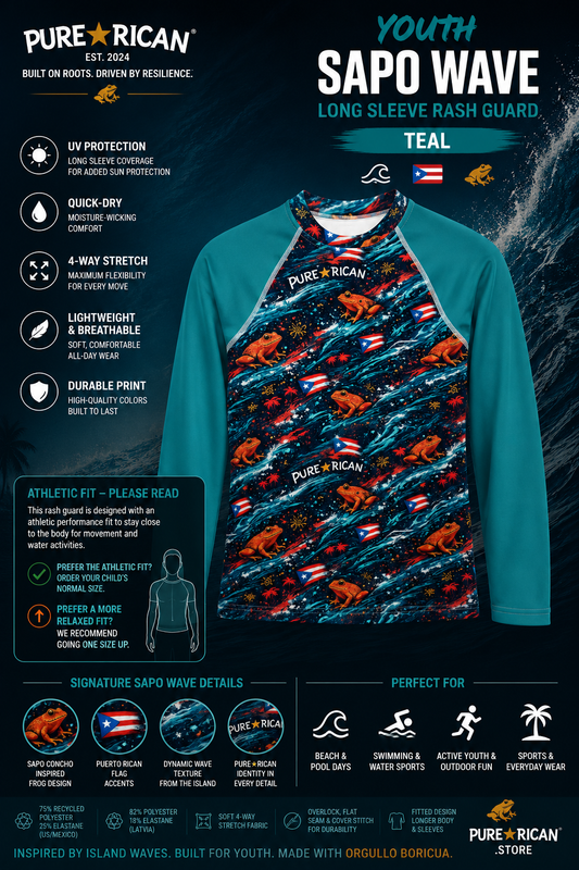 Premium front-view promotional image of the Pure⭐️Rican Youth Sapo Wave Long Sleeve Rash Guard in teal featuring Sapo Concho-inspired frog artwork, Puerto Rican flag details, ocean wave textures, performance features, and athletic fit sizing information.