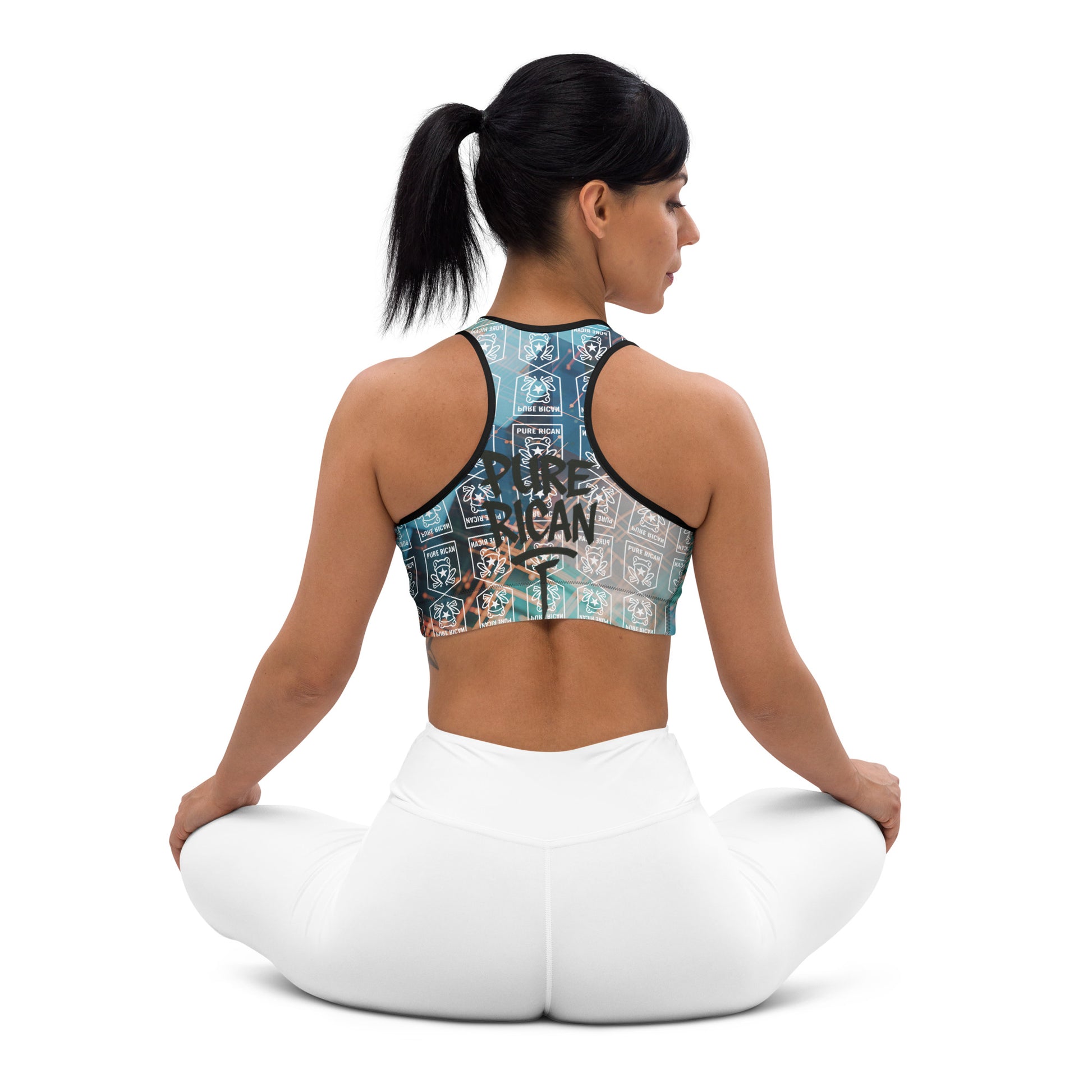 Pure⭐️Rican all-over print women’s padded sports bra back view – BorinquéN fitness wear