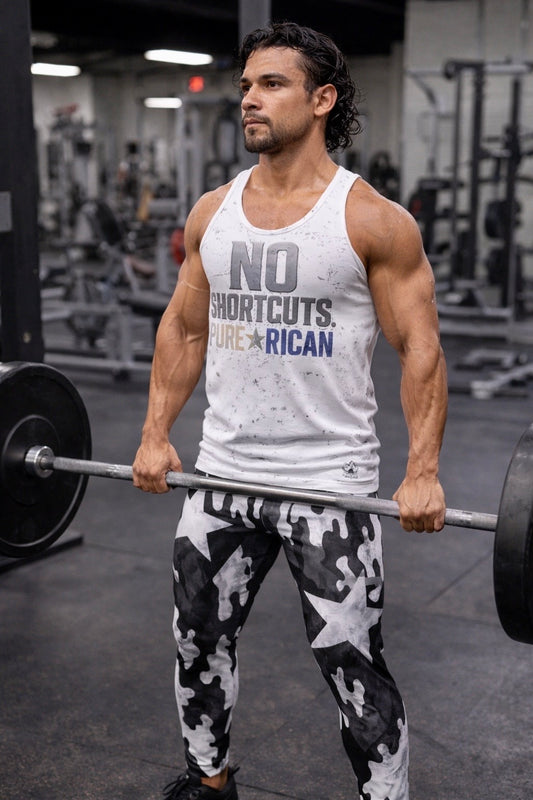 Pure⭐️Rican black and white camo men’s performance leggings with star design paired with “No Shortcuts.