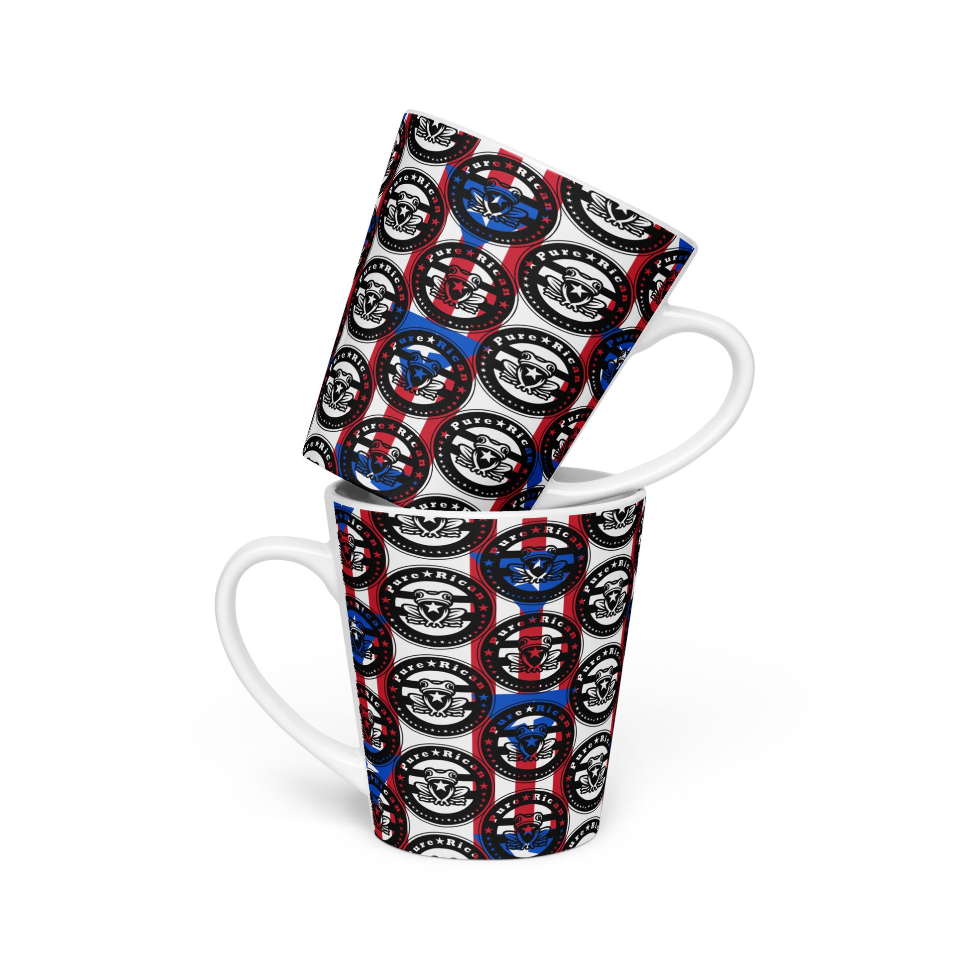 Pure⭐️Rican ceramic latte mugs stacked together featuring an all-over Puerto Rican pride logo pattern in red, white, blue, and black on a tall coffee cup design