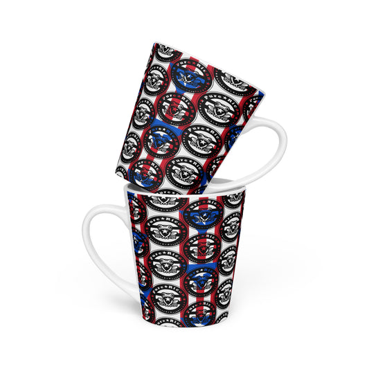 Pure⭐️Rican ceramic latte mugs stacked together featuring an all-over Puerto Rican pride logo pattern in red, white, blue, and black on a tall coffee cup design