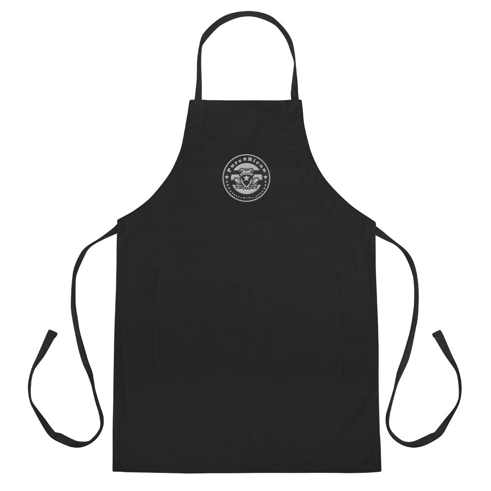 Pure⭐️Rican embroidered signature original logo apron in black, front view with centered circular frog emblem