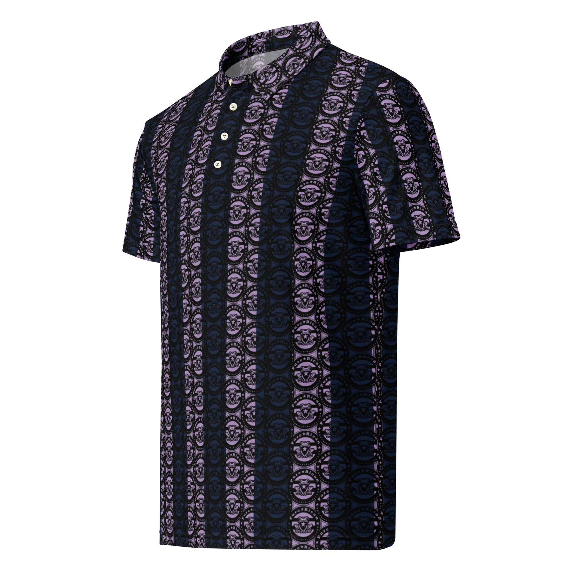 Pure⭐️Rican original logo all-over print polo shirt with purple vertical stripes, front view, short sleeve button-up collar