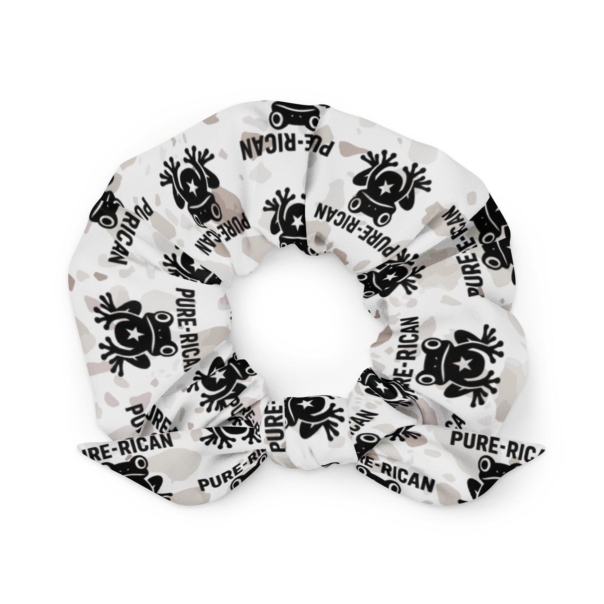Pure⭐️Rican scrunchie featuring a repeating black Sapo Concho frog and Pure⭐️Rican logo pattern on a neutral background