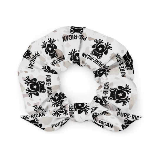 Pure⭐️Rican scrunchie featuring a repeating black Sapo Concho frog and Pure⭐️Rican logo pattern on a neutral background