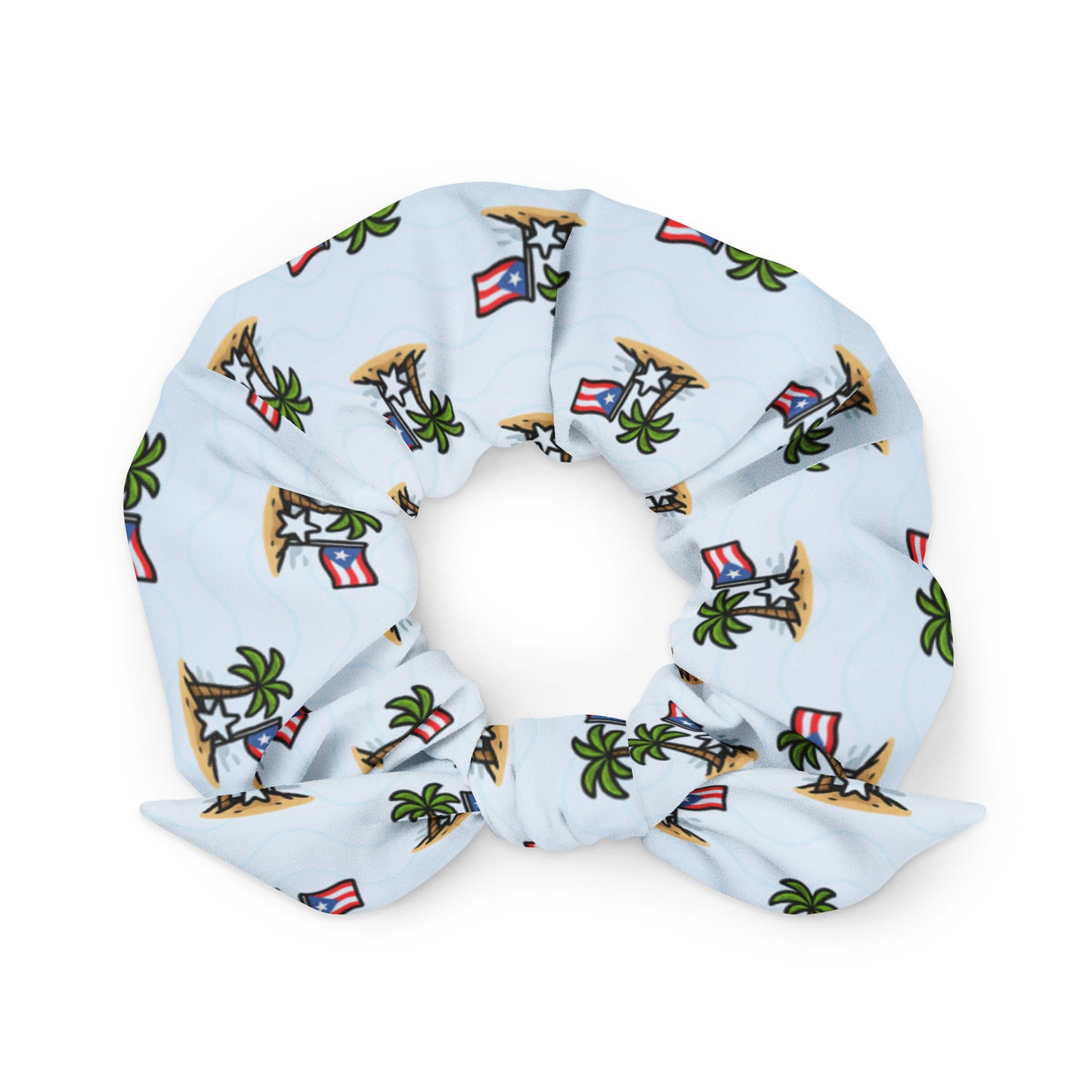 Pure⭐️Rican scrunchie featuring an all-over palm tree and Puerto Rican flag island pattern