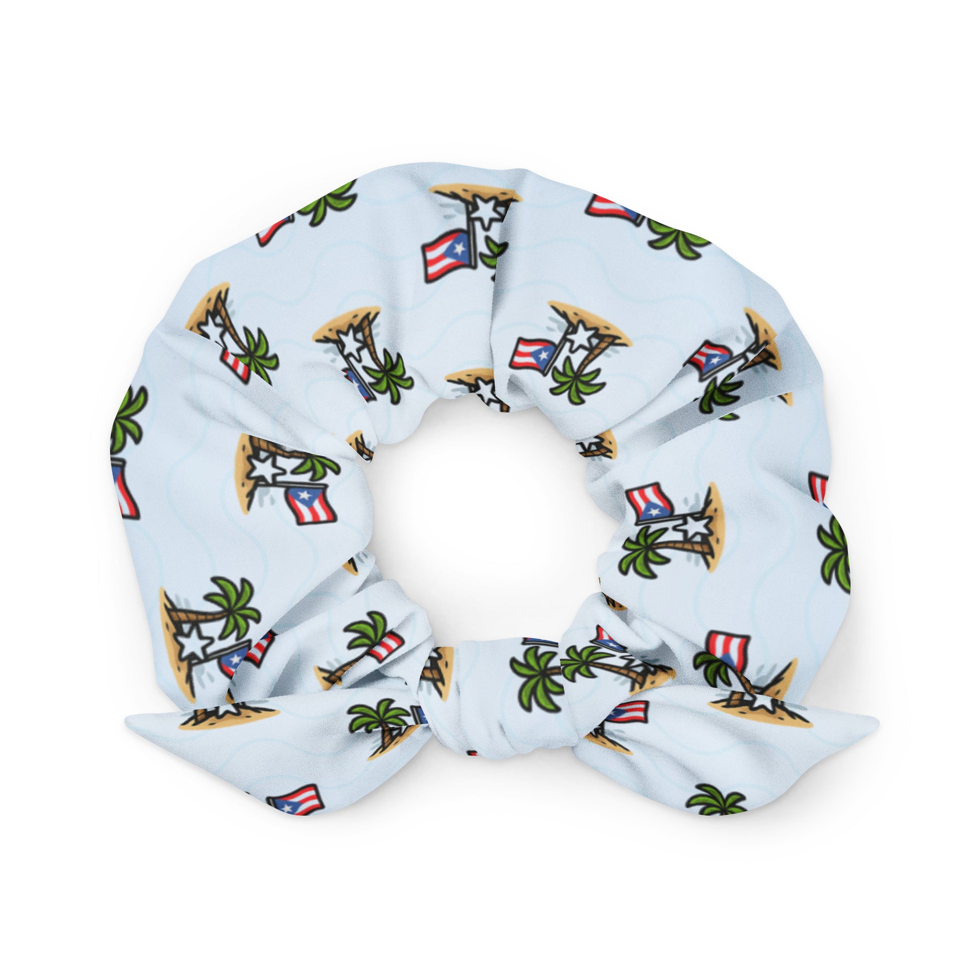 Pure⭐️Rican scrunchie featuring an all-over palm tree and Puerto Rican flag island pattern