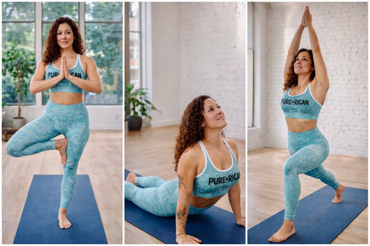 Pure⭐️Rican women’s teal high-waisted yoga pants with all-over island-inspired heritage print, front view