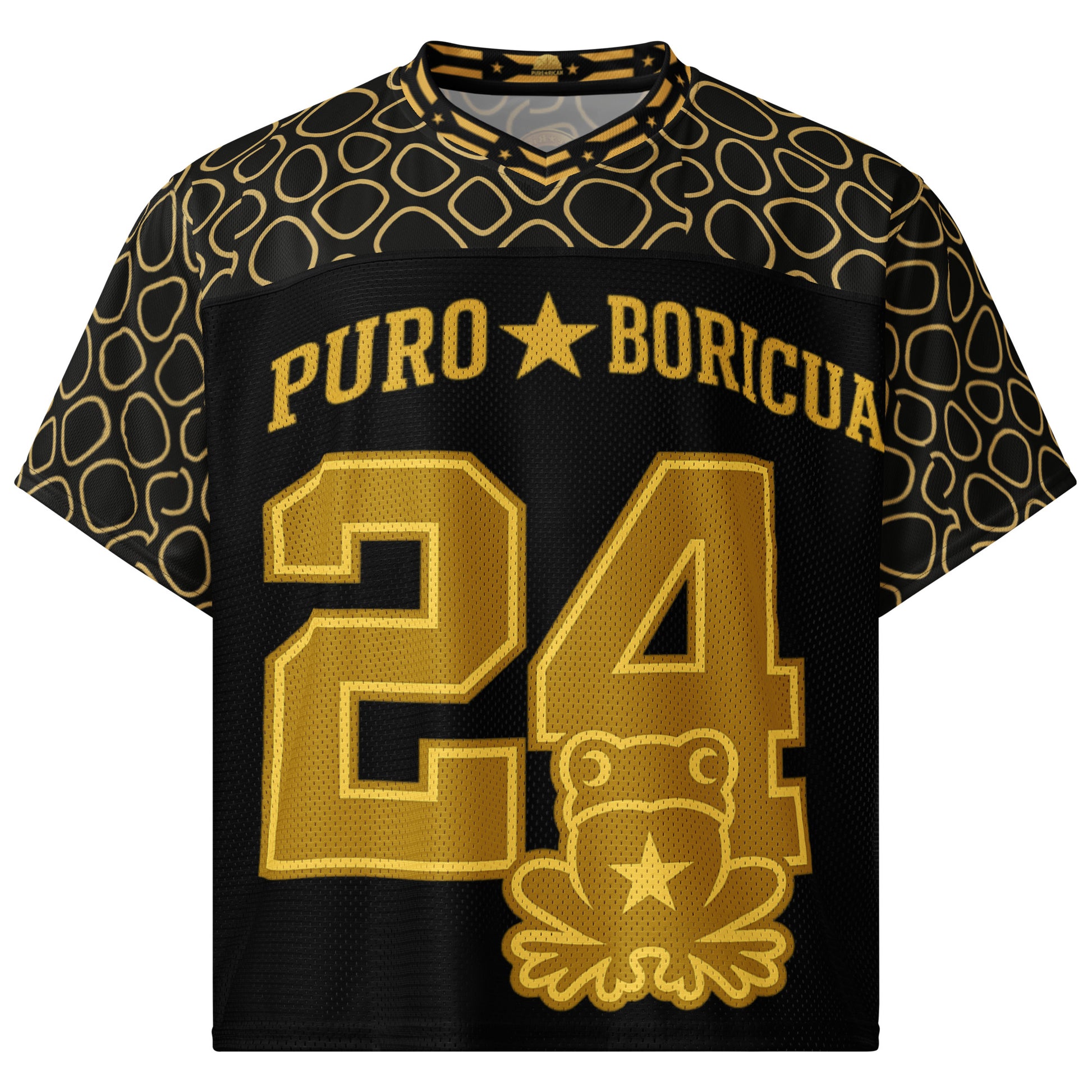 Puro Boricua black and gold football jersey with Oro Sapo Skin detailing by Pure⭐️Rican featuring Sapo Concho emblem