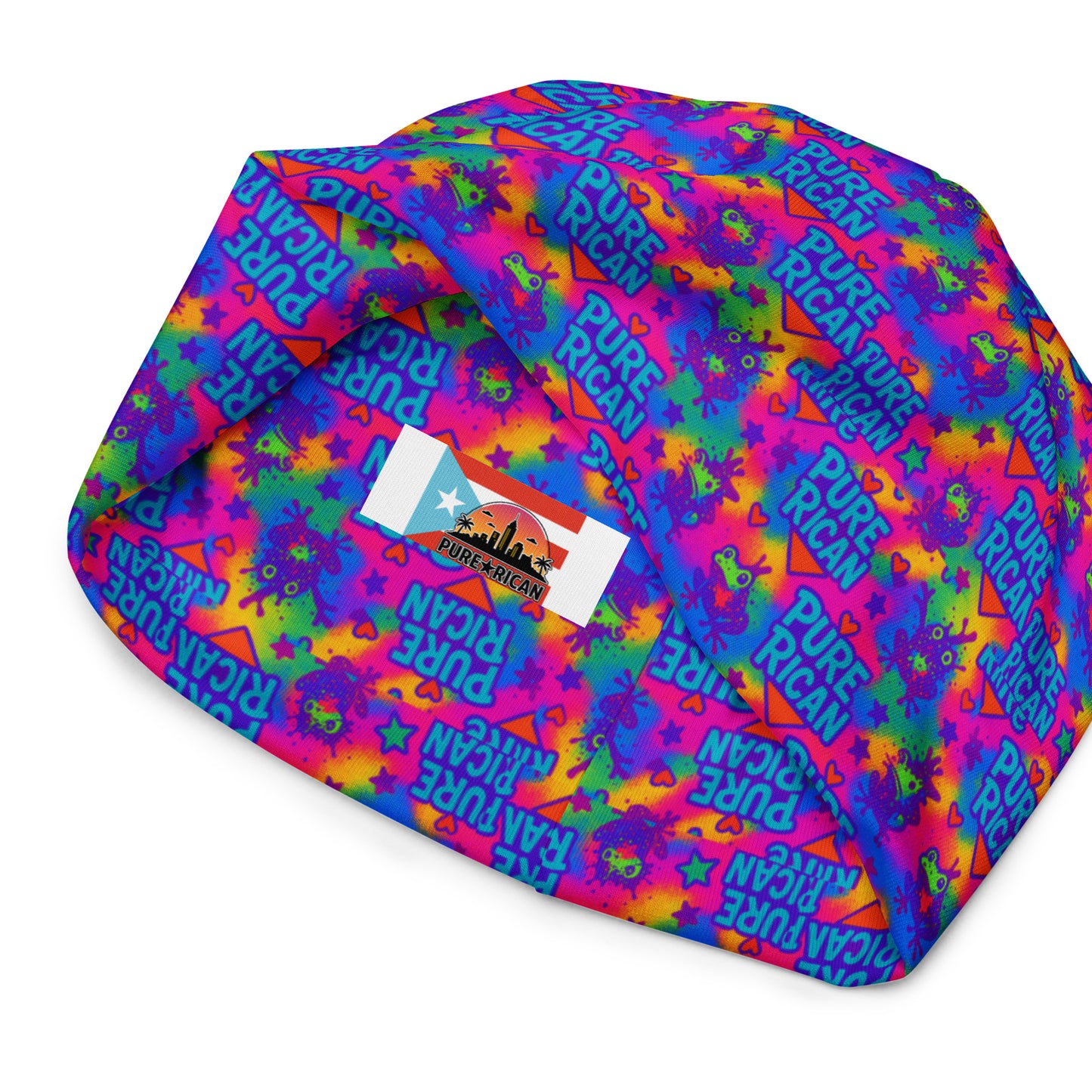 Rainbow Color Burst beanie fabric detail – Pure⭐️Rican all-over print knit