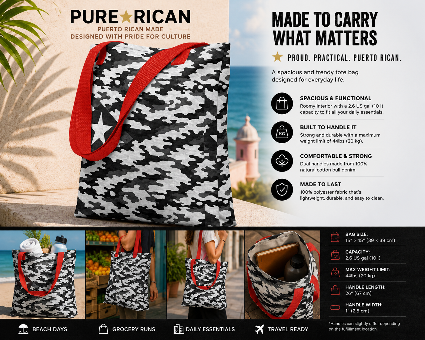 Pure⭐️Rican Midnight Camo Boricua tote bag with bold red cotton handles and Puerto Rican-inspired black and white camo design.
