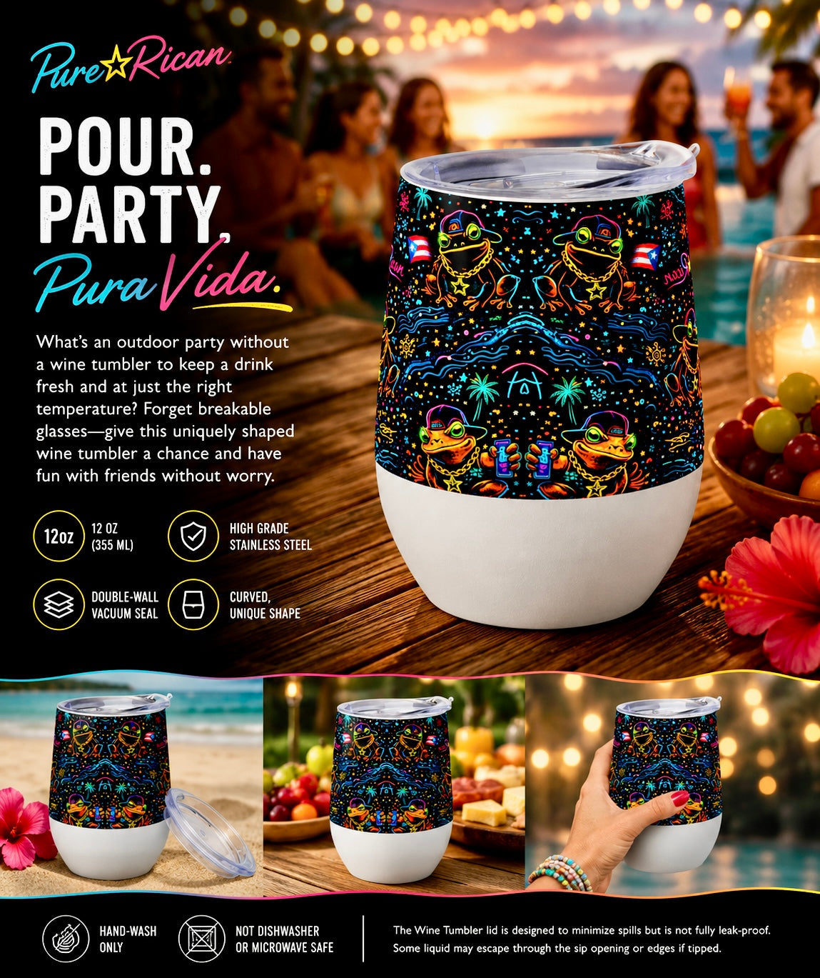 Pure⭐️Rican Sapo Concho 12oz stainless steel wine tumbler with colorful neon frog artwork showcased in a premium beachside outdoor party setting with warm lighting and lifestyle product presentation.