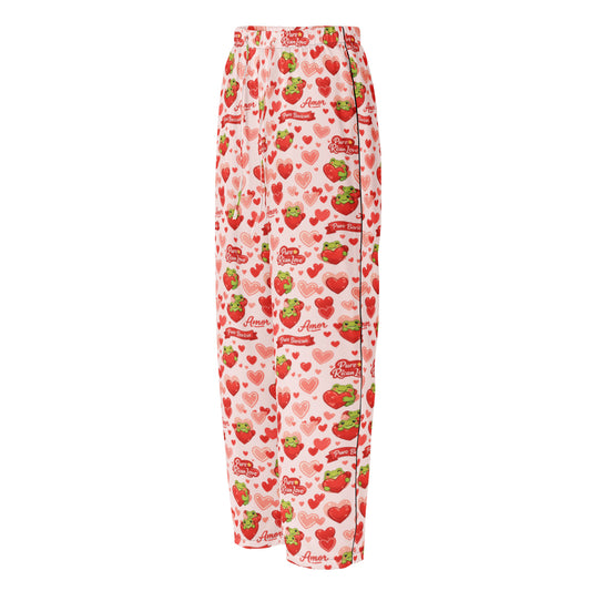 Side view of Pure⭐️Rican Amor Frog pajama pants showing elastic waistband and all-over heart print