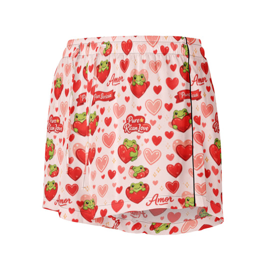 Side view of Pure⭐️Rican Amor Valentine pajama shorts in misty rose with elastic waist and Valentine heart pattern
