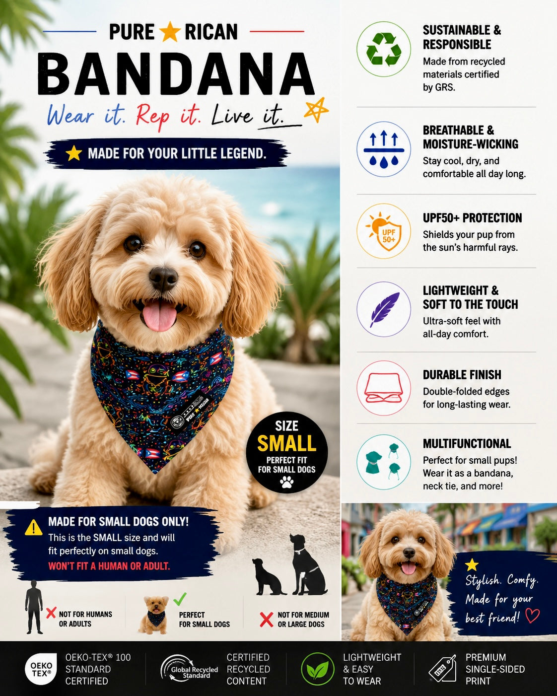 Informational product image showing the features and sizing of the Pure⭐️Rican small dog bandana for small pets.