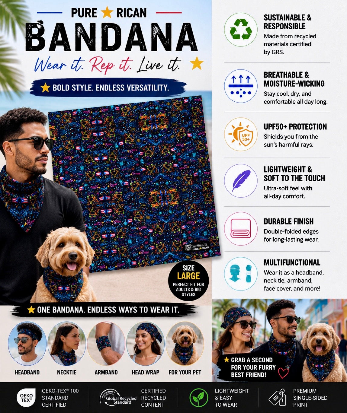 Small fluffy dog wearing the Pure⭐️Rican Sapo Galaxy Midnight bandana designed specifically for small dogs and puppies.