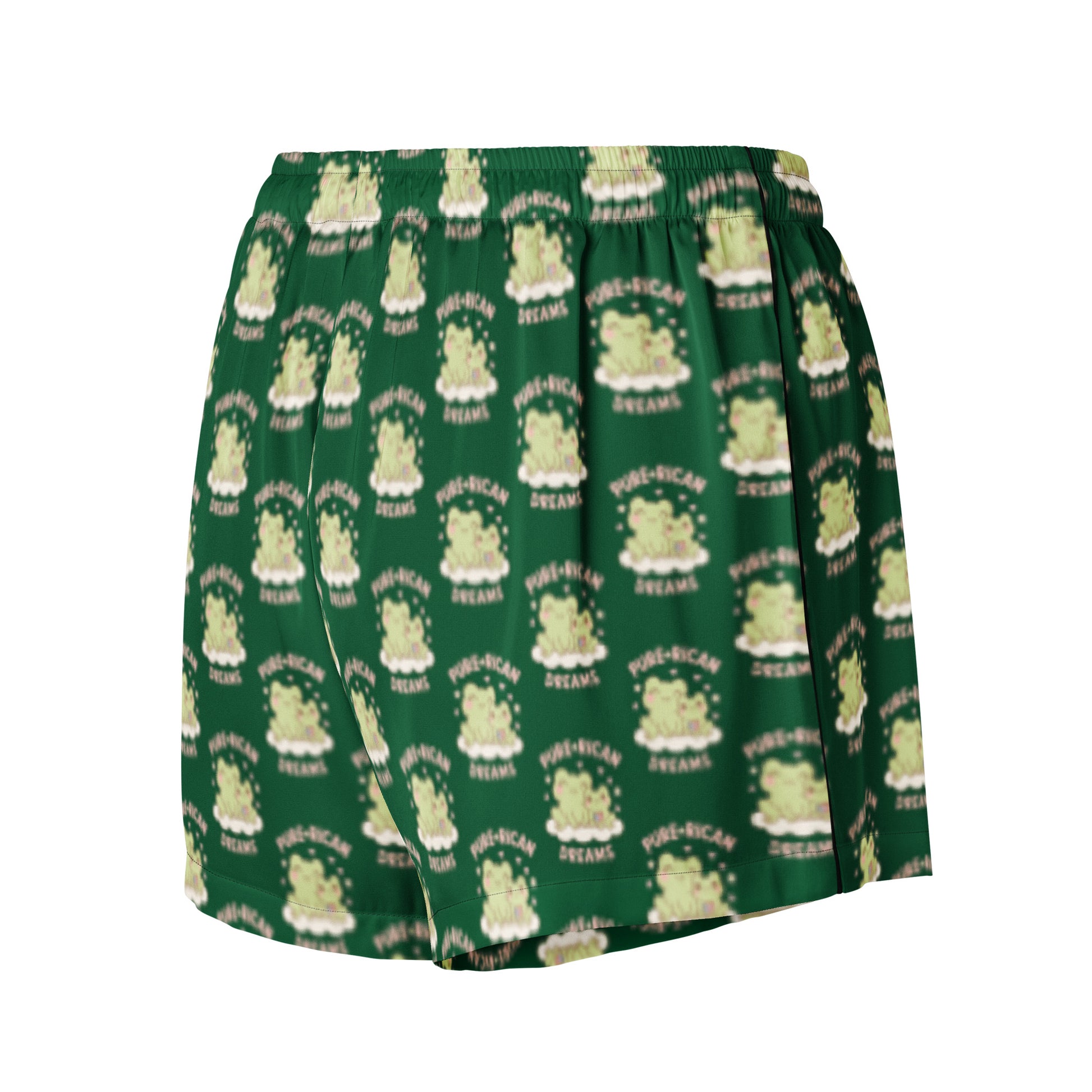 Woman wearing Pure⭐️Rican forest green Mommy and Baby Dreamy pajama shorts, cozy cultural sleepwear for warm nights