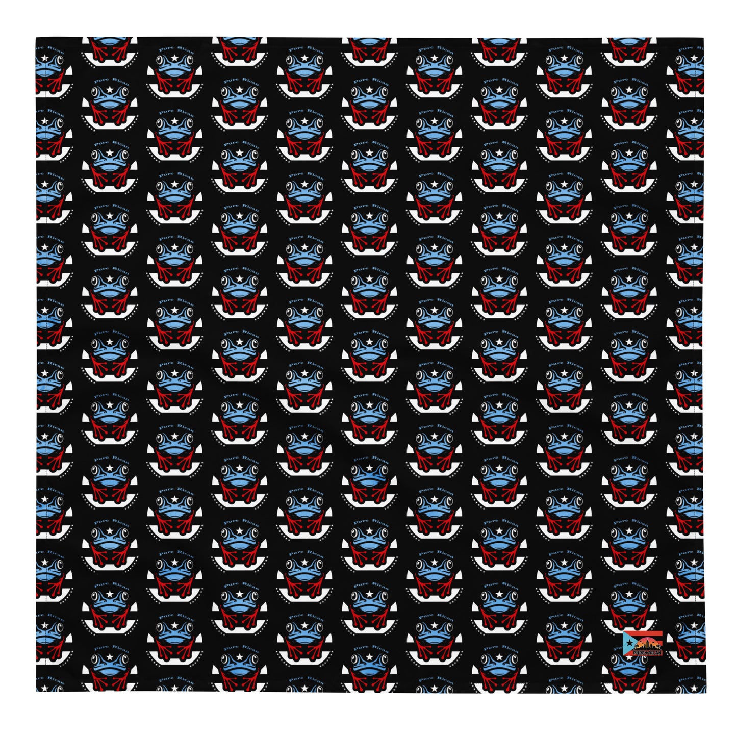 Close-up of Pure⭐️Rican OG Coquí bandana pattern showing repeating coquí frog icons on a black fabric with detailed island-inspired colors