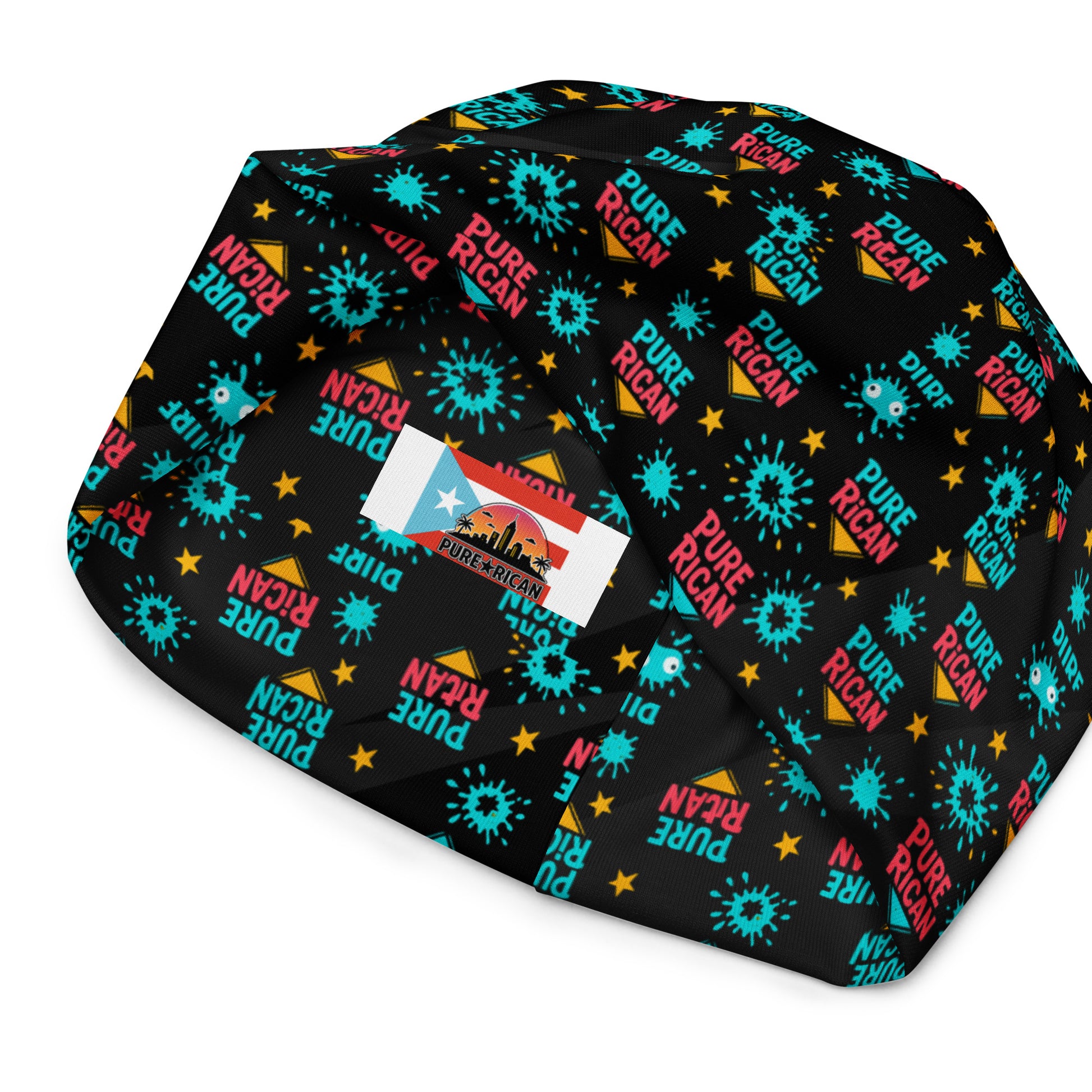 Color Burst beanie fabric detail – Pure⭐️Rican all-over print knit