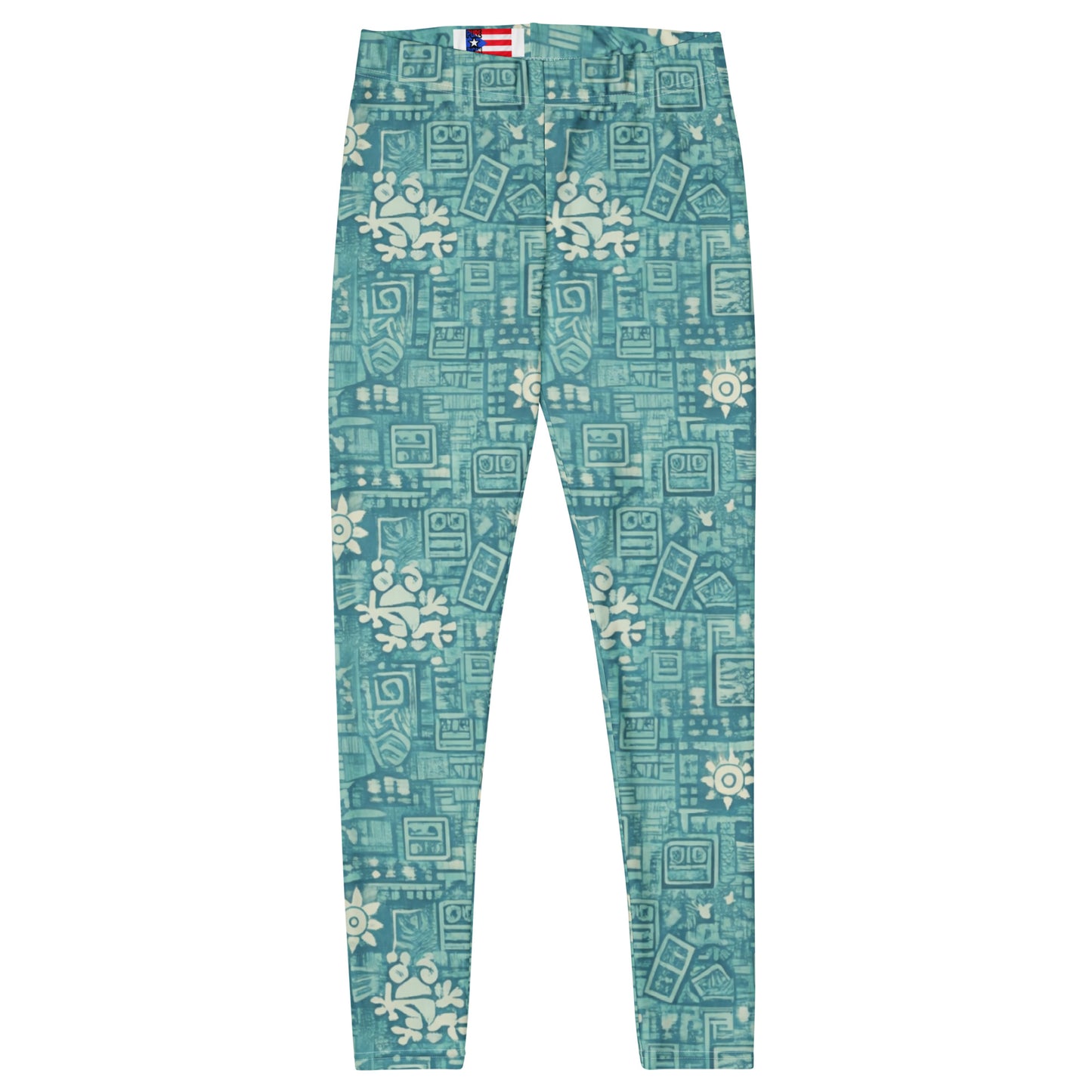 Pure⭐️Rican teal heritage print leggings front view with high-waisted fit and Puerto Rican flag detail at waistband