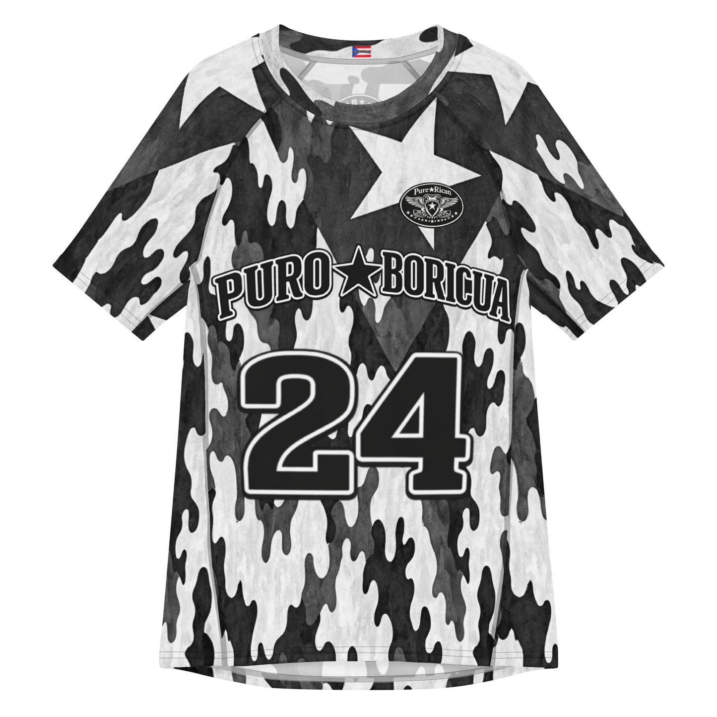 Male model wearing Pure⭐️Rican black and white camo Puro⭐️Boricua 24 performance rash guard in gym setting.