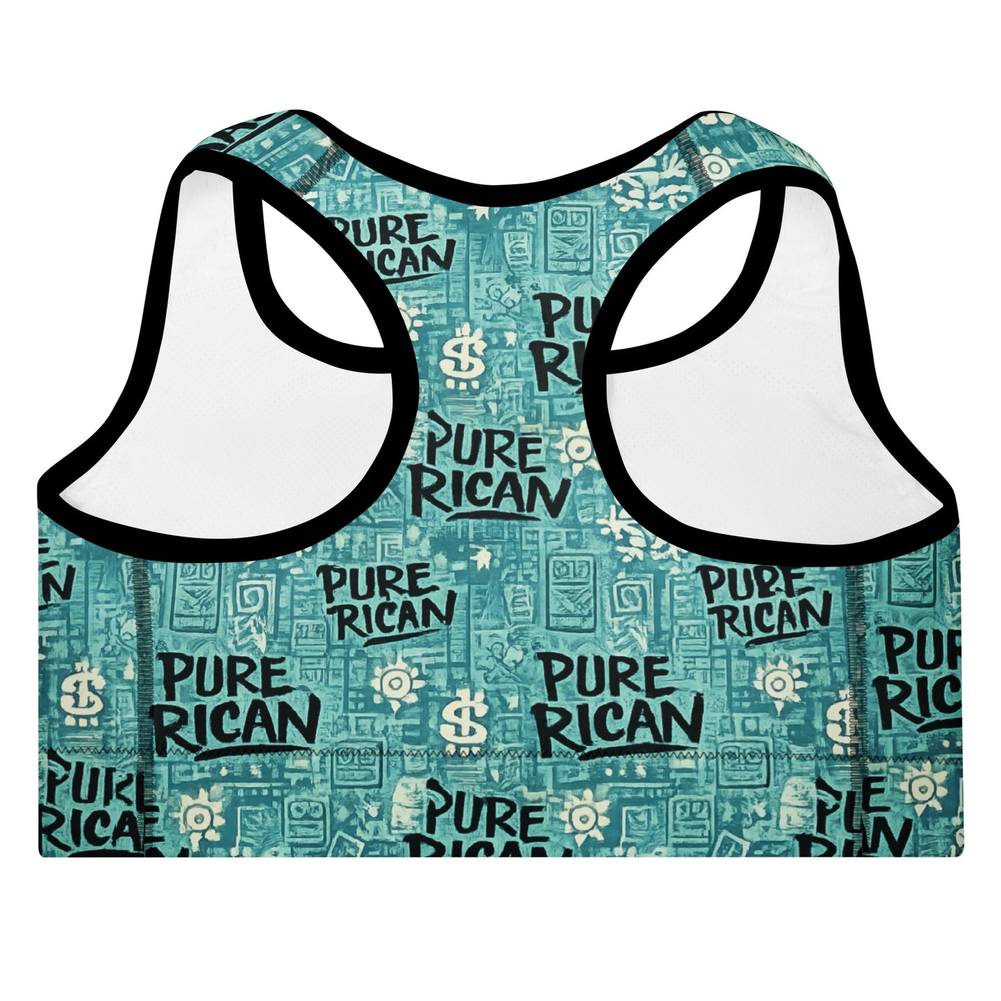 Pure⭐️Rican women’s teal heritage print performance sports bra with all-over branded logo pattern, worn during treadmill workout in gym.
