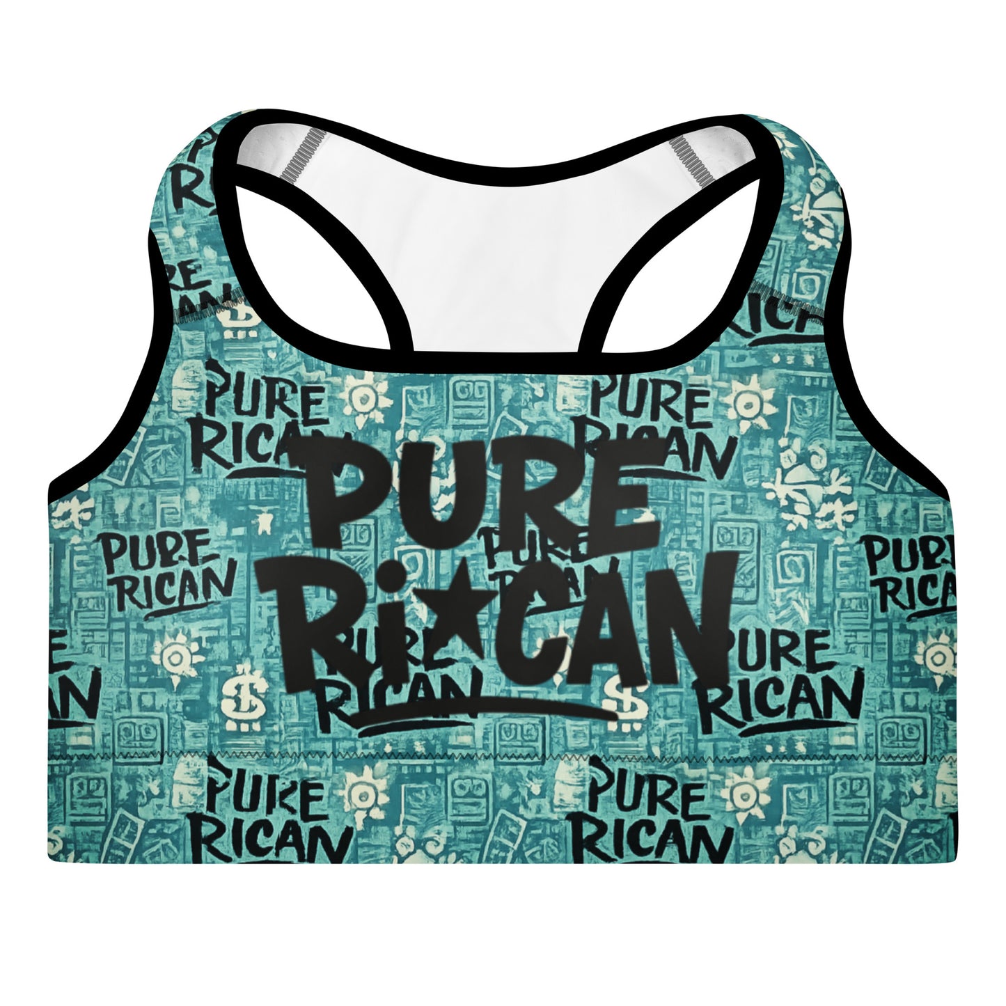 Pure⭐️Rican women’s teal heritage print performance sports bra with all-over branded logo pattern, worn during treadmill workout in gym.