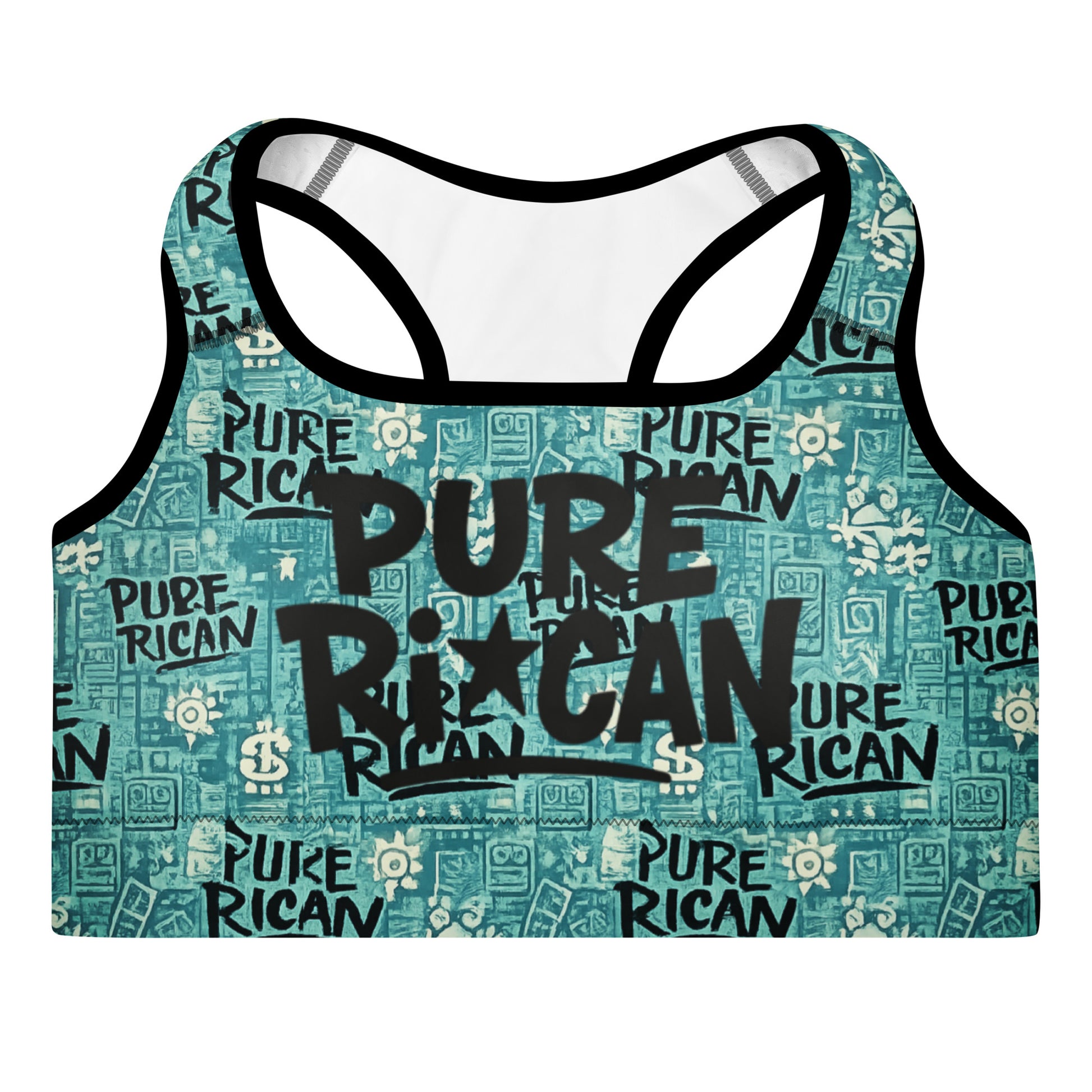 Pure⭐️Rican women’s teal heritage print performance sports bra with all-over branded logo pattern, worn during treadmill workout in gym.