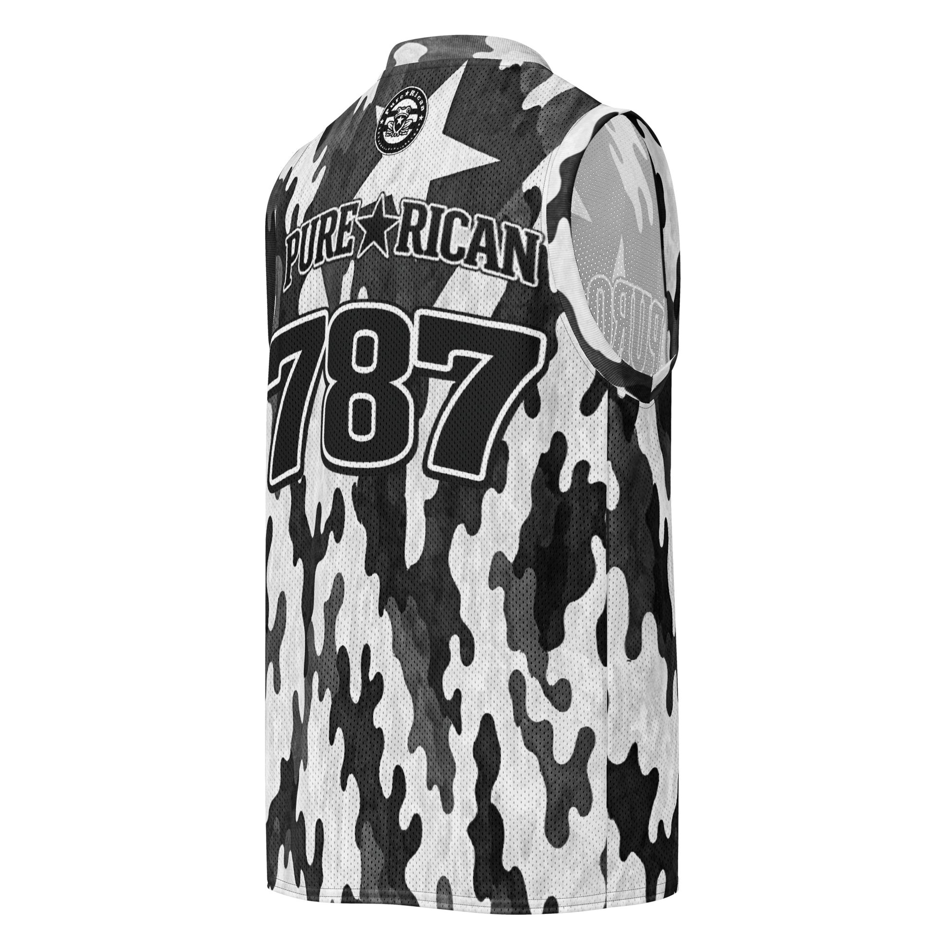 Close-up of Pure⭐️Rican back neck badge detail on grayscale camo basketball jersey.