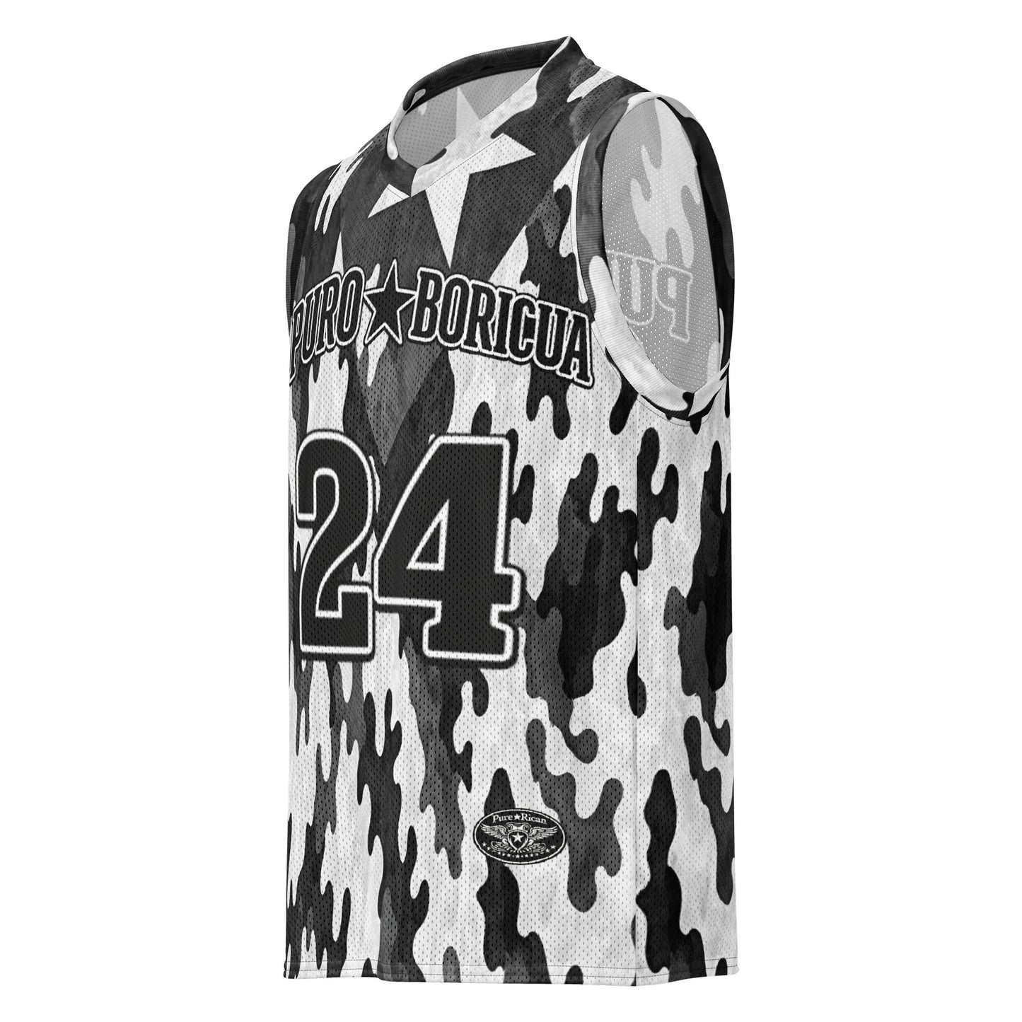 Front view of Pure⭐️Rican camo basketball jersey featuring Puro Boricua design and athletic streetwear styling.