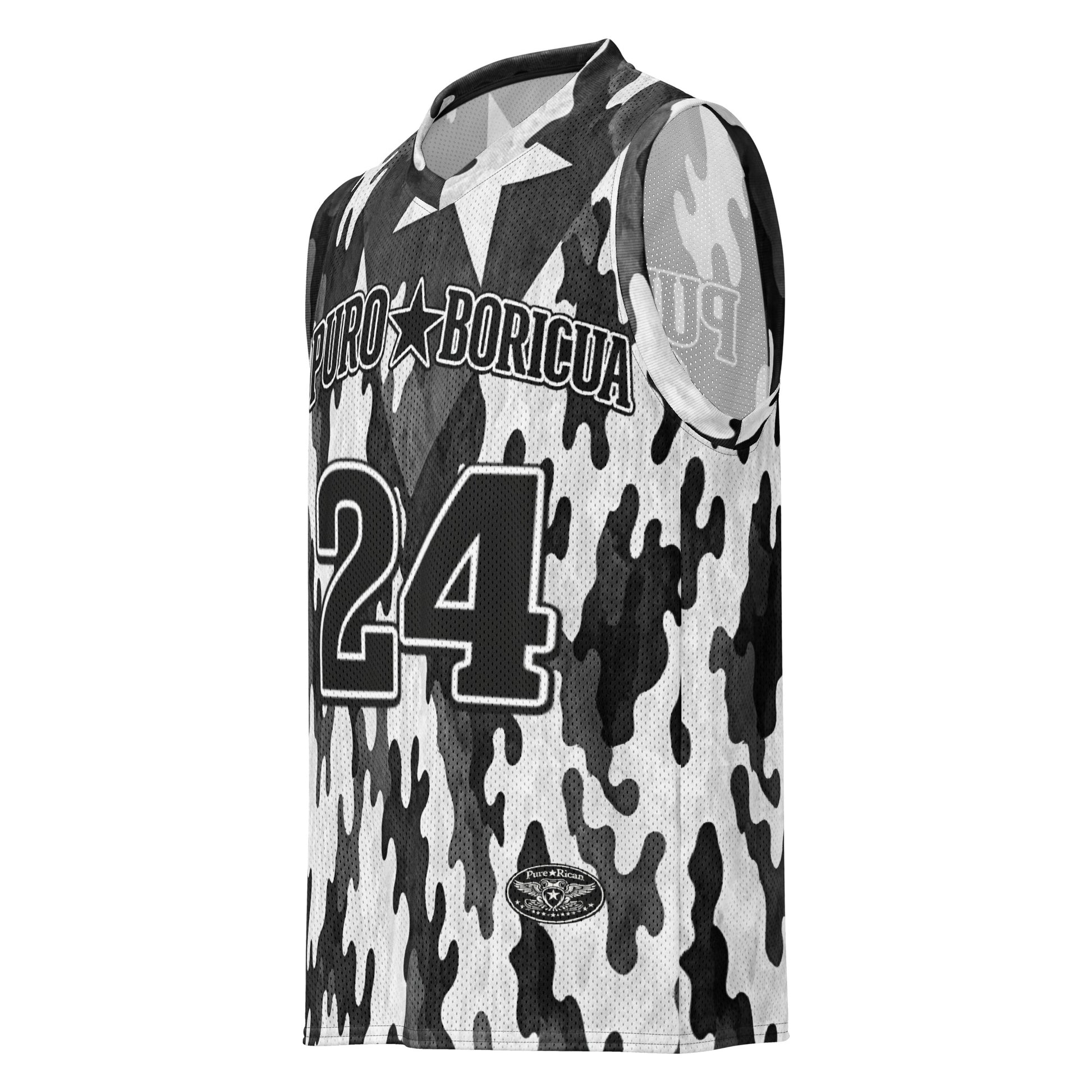 Front view of Pure⭐️Rican camo basketball jersey featuring Puro Boricua design and athletic streetwear styling.