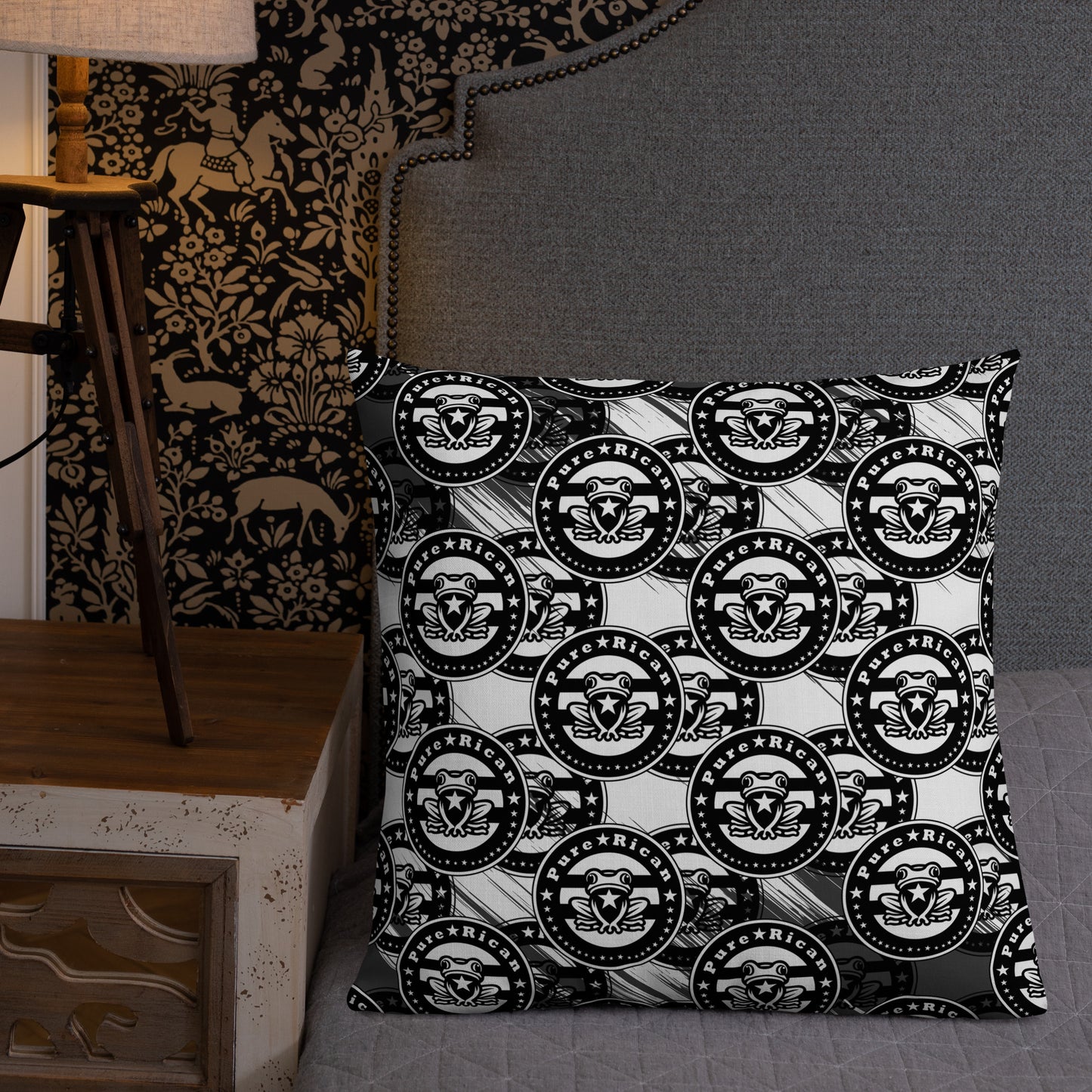 Pure⭐️Rican Sapo Concho black and white throw pillow styled on a modern accent chair in a neutral home setting