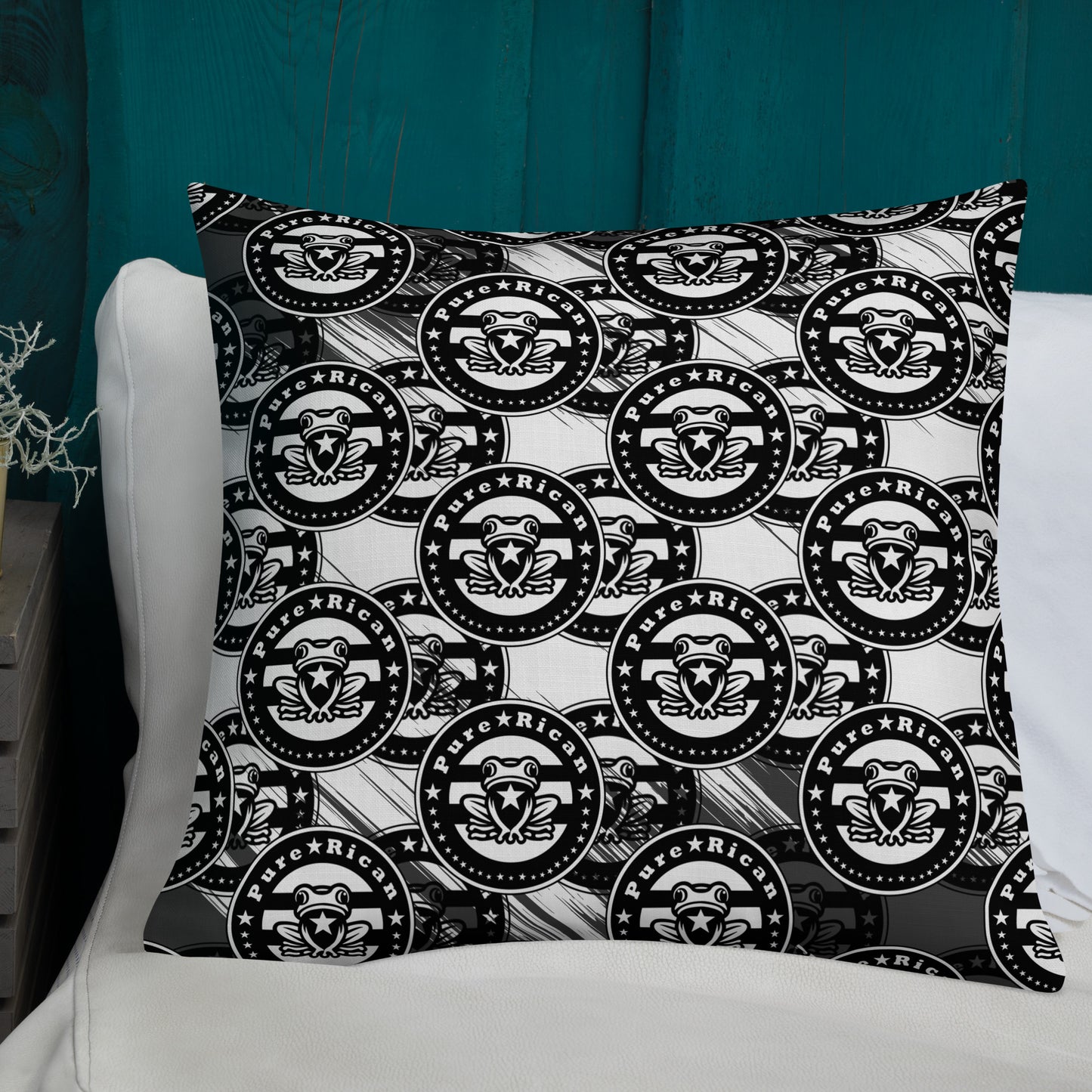 Pure⭐️Rican Sapo Concho black and white throw pillow styled on a modern accent chair in a neutral home setting