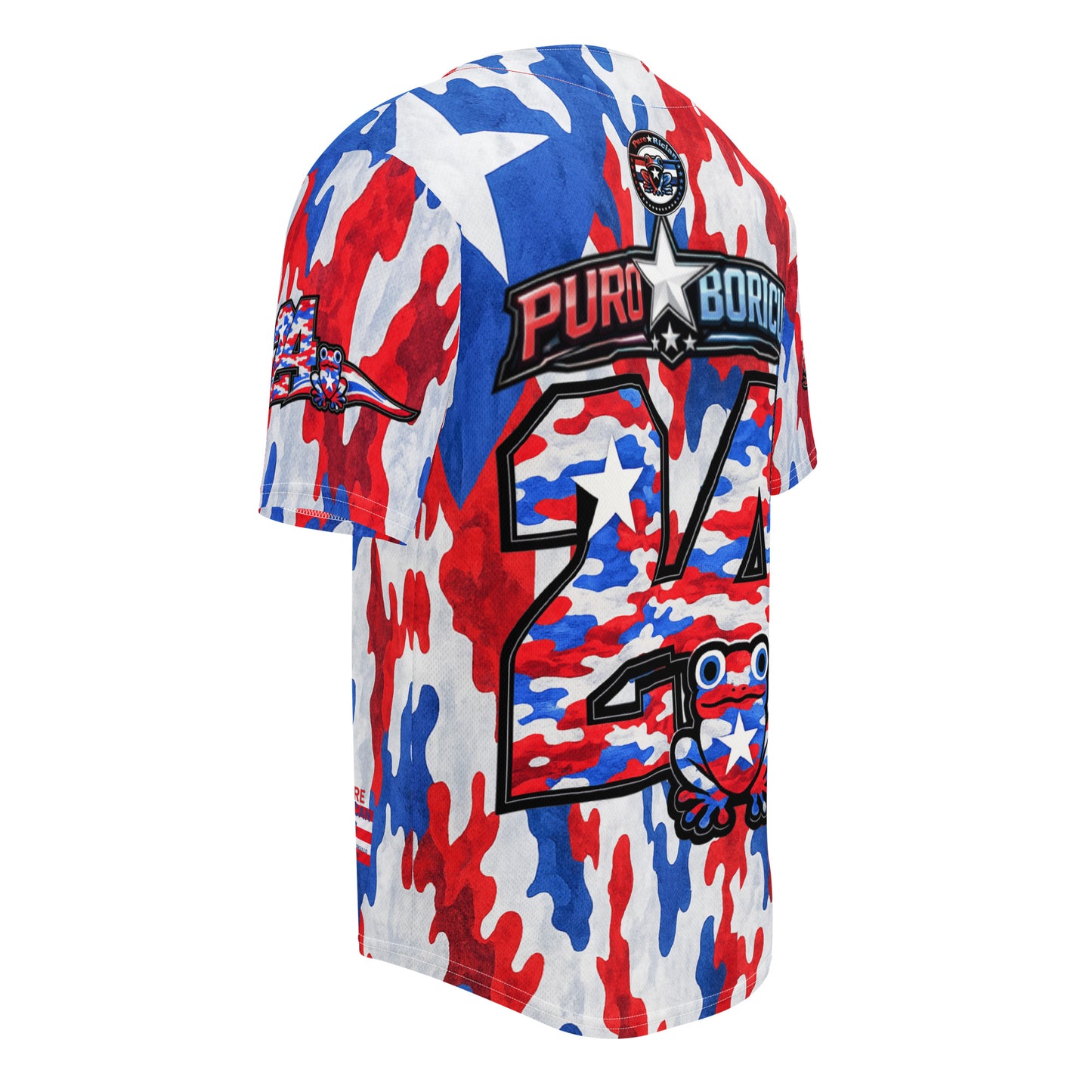 Side angle view of Pure⭐️Rican Puerto Rican camo baseball jersey showing sleeve patch and athletic fit.