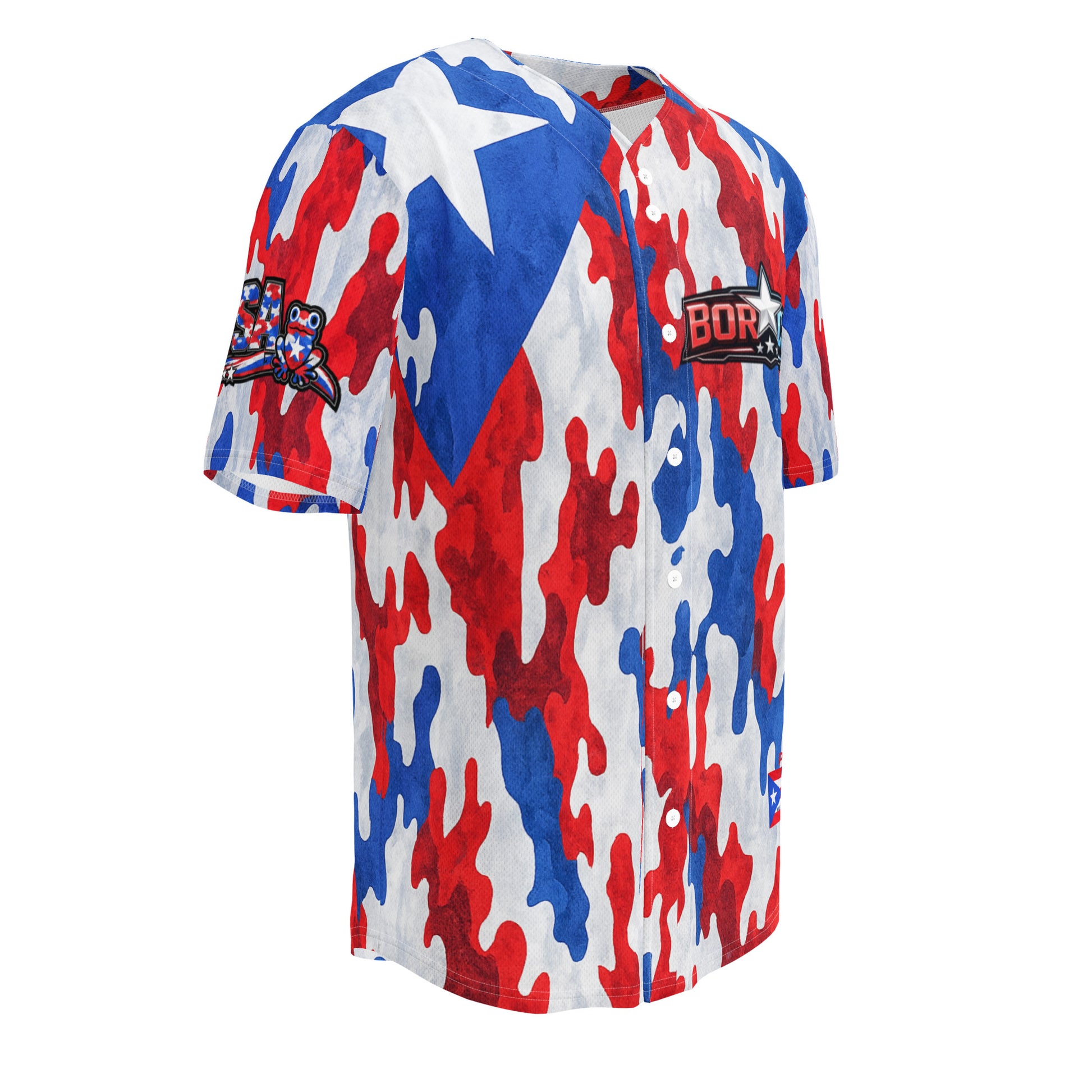Front flat lay of Pure⭐️Rican red white and blue camo baseball jersey with button front and BOR⭐️CUA chest logo.