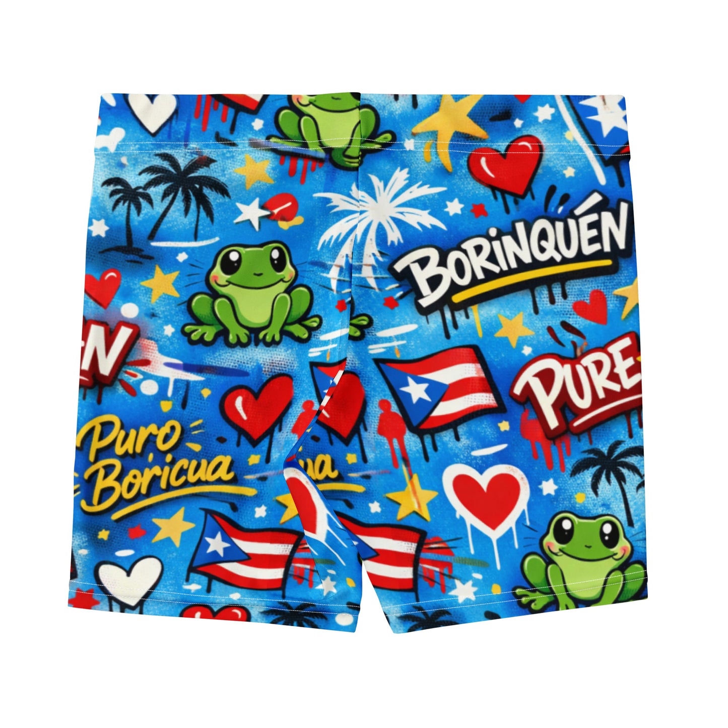 Pure⭐️Rican Borinquén Graffiti Drip Performance Compression Shorts back view with Puerto Rican-inspired graffiti print, Borinquén lettering, flags, and Sapo Concho details