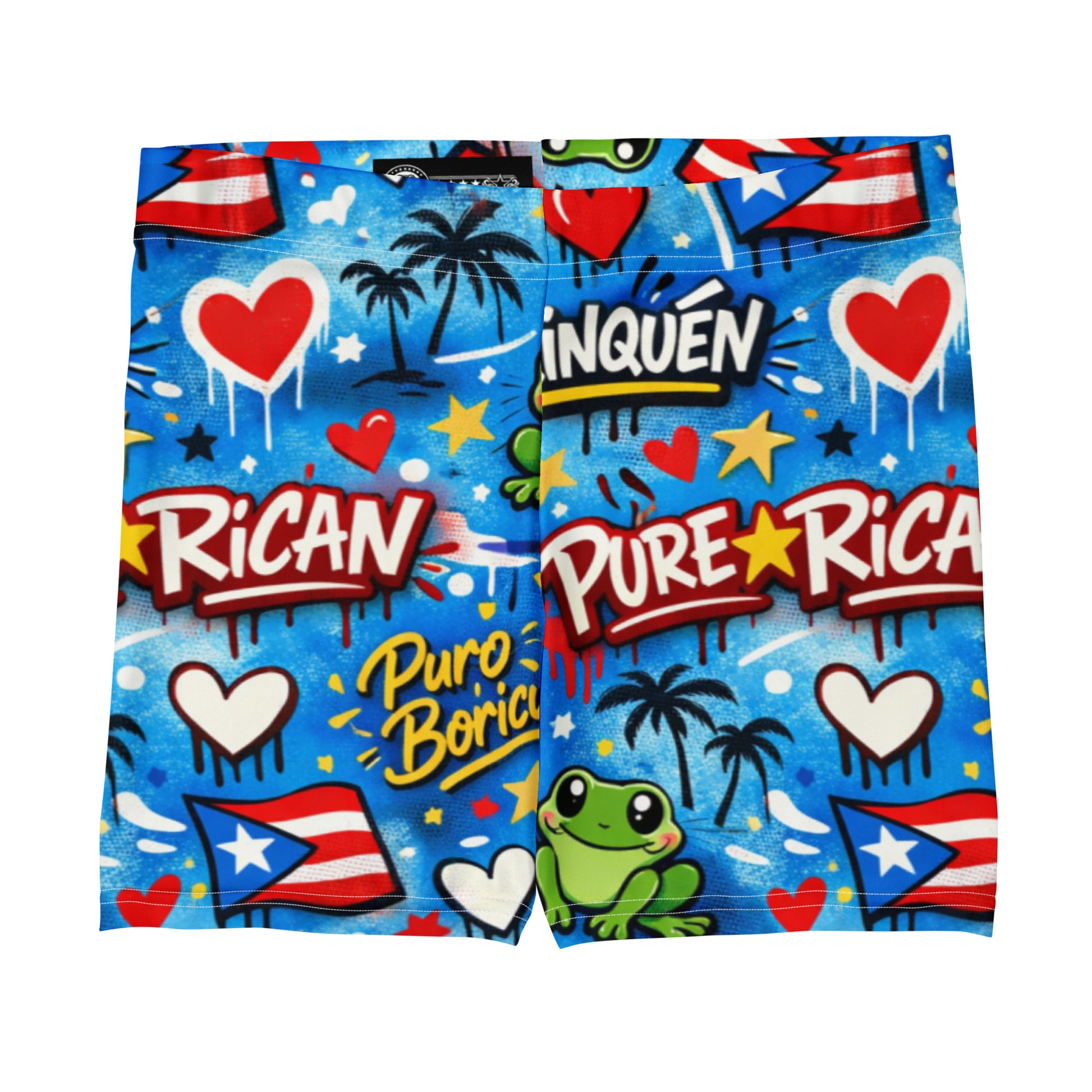 Pure⭐️Rican Borinquén Graffiti Drip Performance Compression Shorts front view featuring Puerto Rican flags, Sapo Concho frog mascot, graffiti artwork, hearts, and palm trees