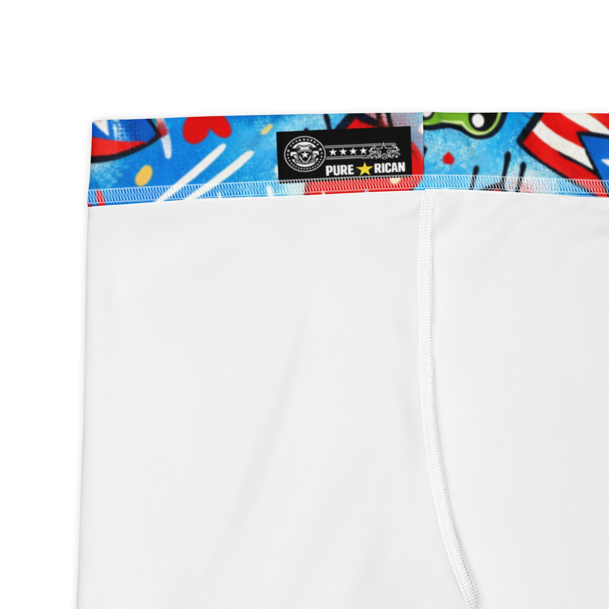 Close-up detail of Pure⭐️Rican performance shorts waistband and interior athletic compression construction with Pure⭐️Rican branding