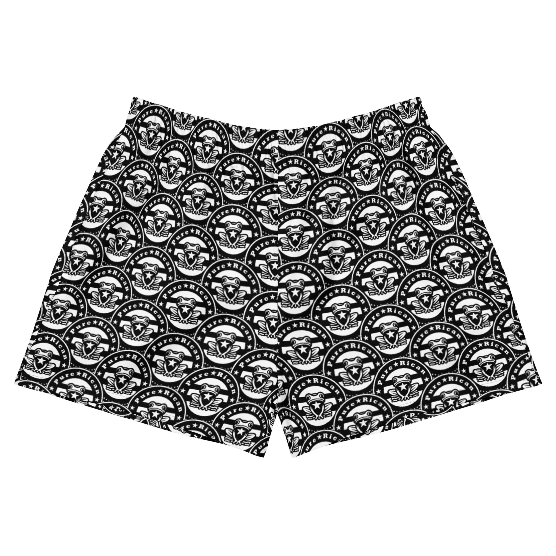 Pure⭐️Rican unisex athletic shorts front view featuring original logo all-over print on performance fabric