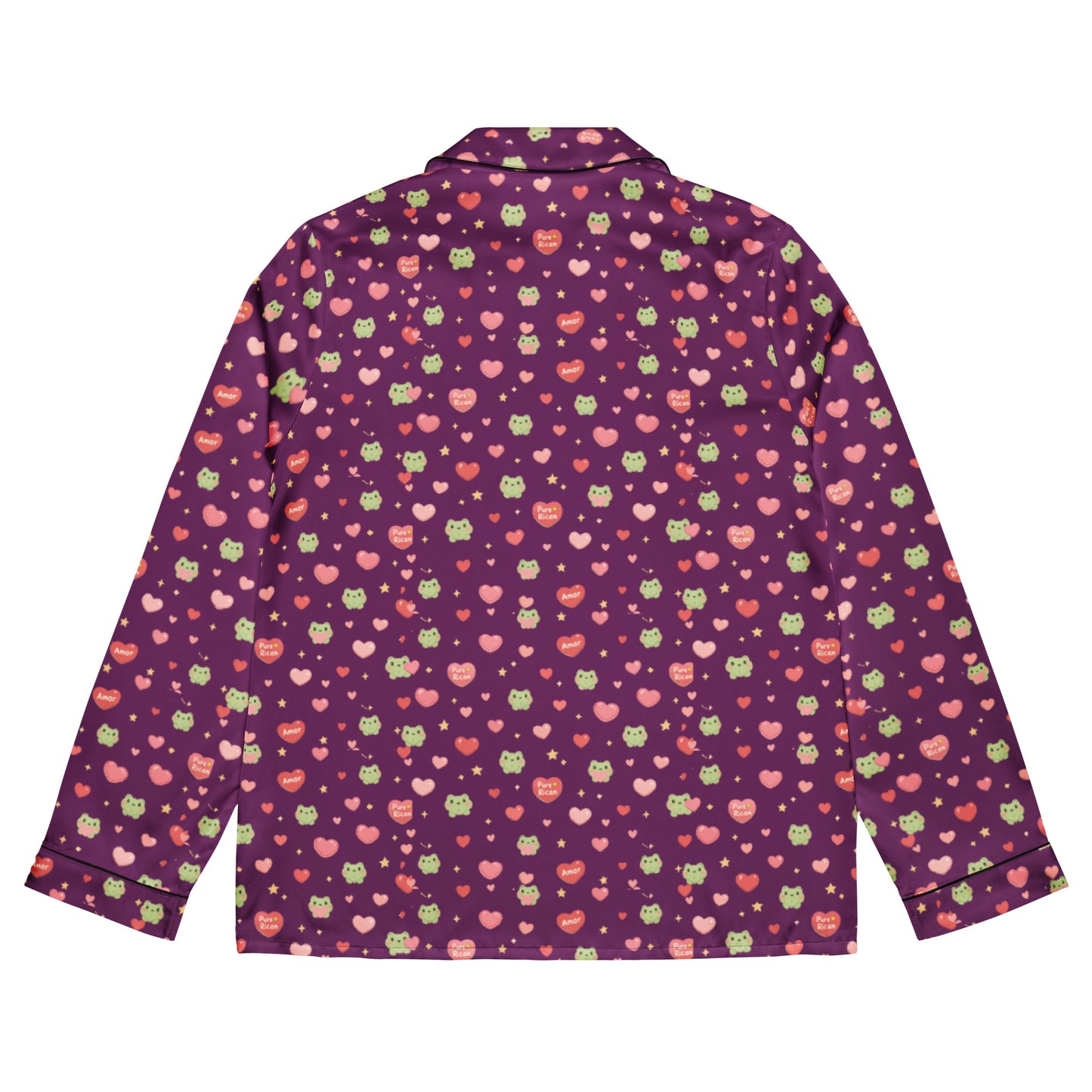 Back view of Purple Pure⭐️Rican Sapo Concho Love long-sleeve pajama shirt featuring an all-over heart and frog pattern with relaxed fit