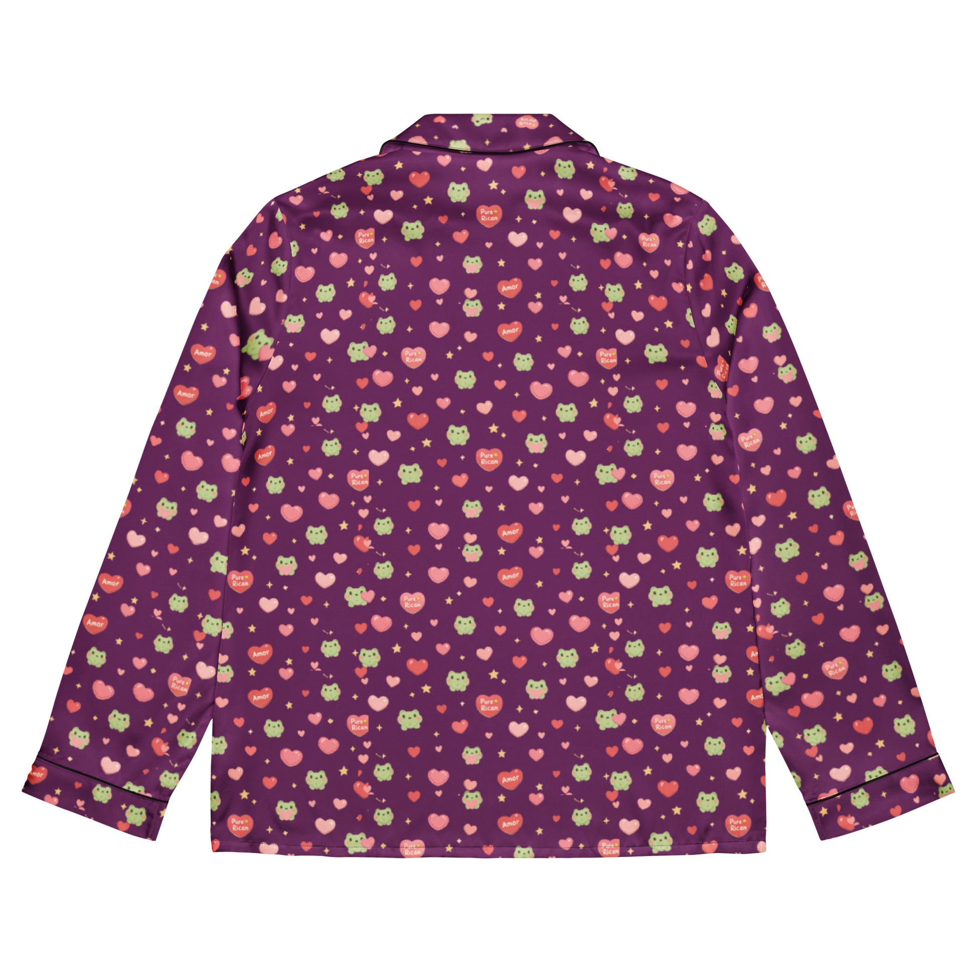 Back view of Purple Pure⭐️Rican Sapo Concho Love long-sleeve pajama shirt featuring an all-over heart and frog pattern with relaxed fit