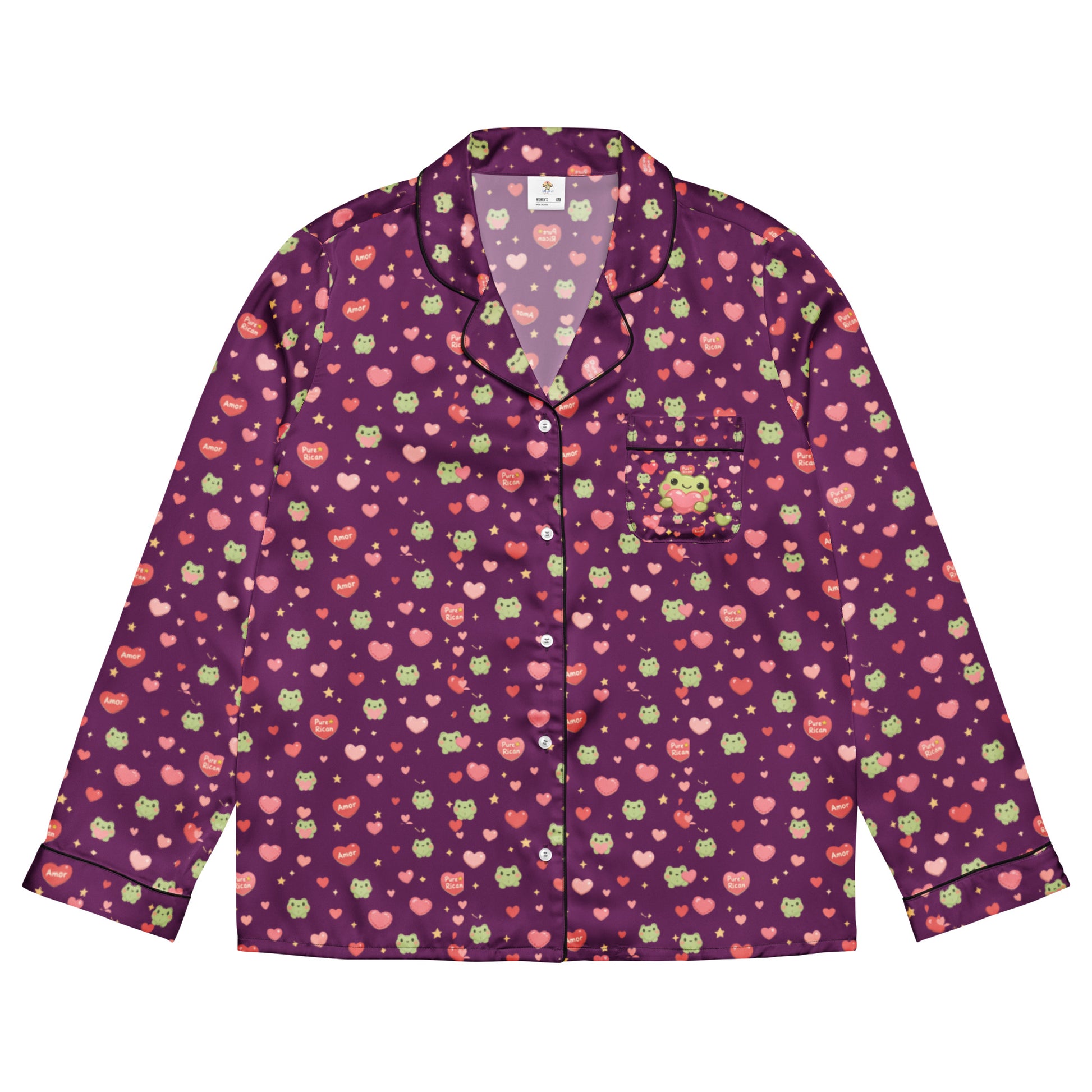 Purple Pure⭐️Rican Sapo Concho Love long-sleeve pajama shirt with button-up front, chest pocket, contrast piping, and heart and frog print