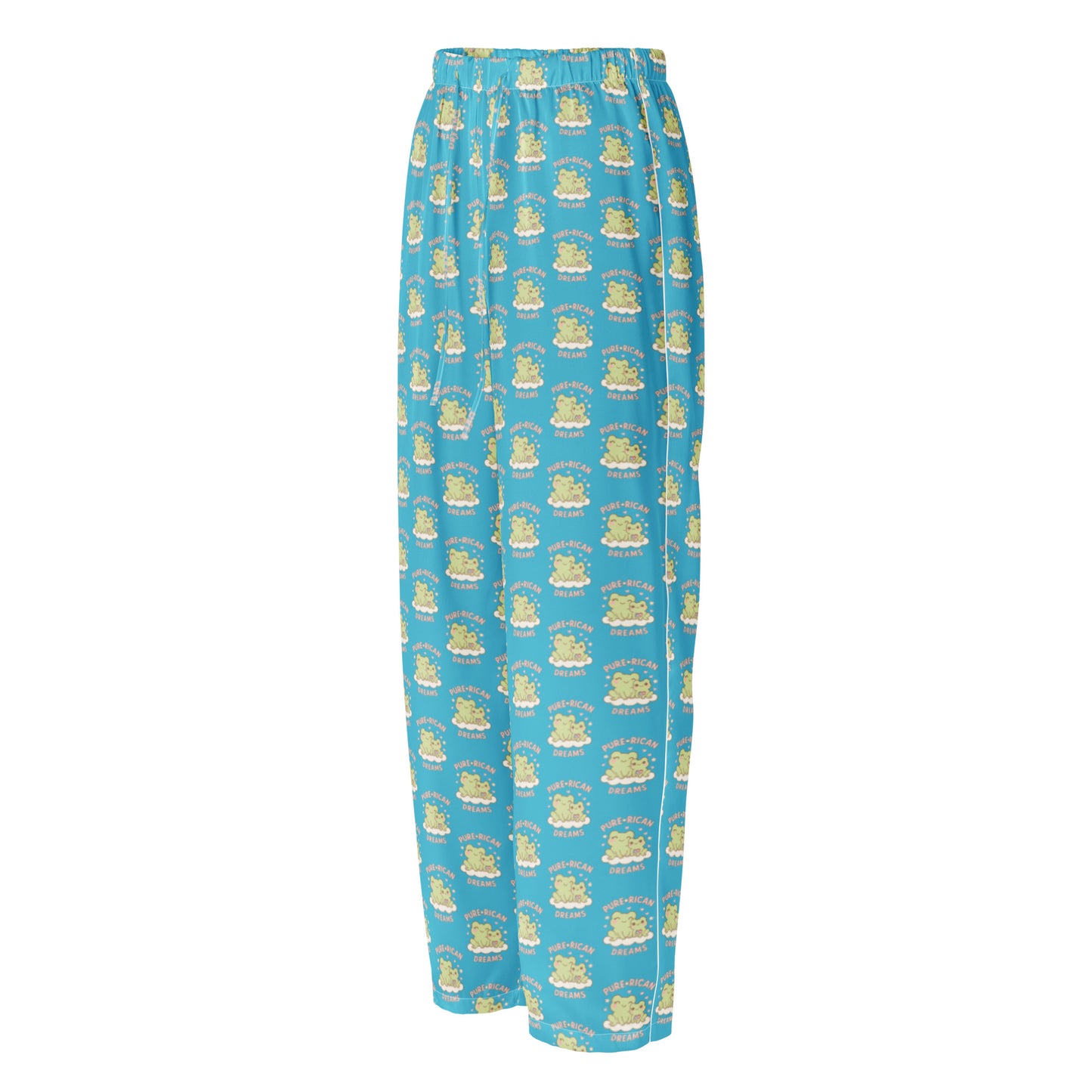 Sky blue Pure⭐️Rican Mommy & Me satin pajama pants with Puerto Rican–inspired all-over print