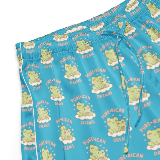 Sky blue satin pajama shorts with all-over Pure⭐️Rican logo print, elastic waistband, lightweight Boricua lounge sleepwear set