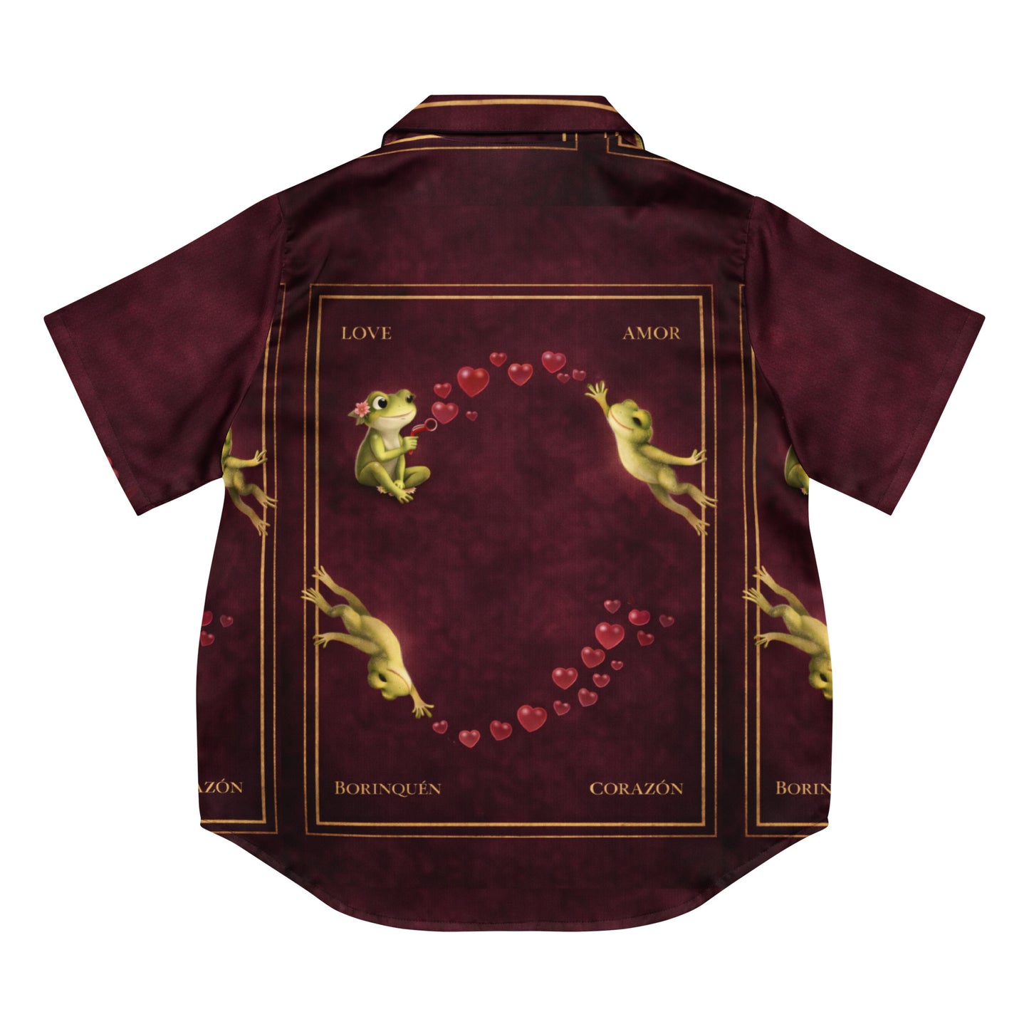 Pure⭐️Rican Amor BORINQUÉN pajama top in burgundy with gold trim, coquí frog design, and bilingual Love Corazón graphics shown in multiple angles.
