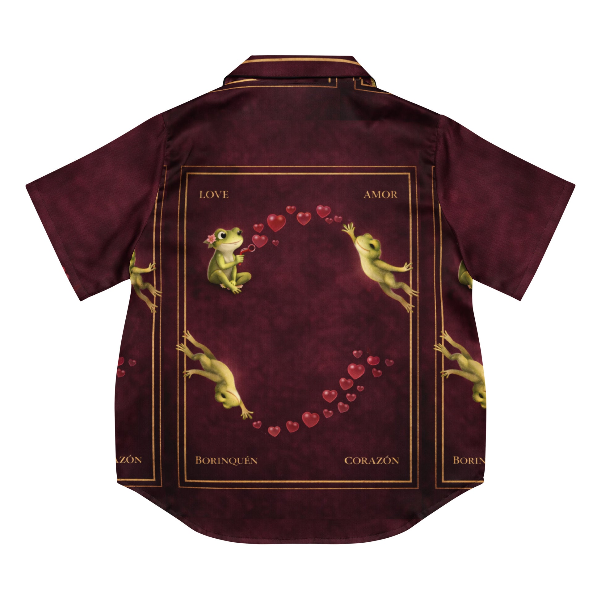 Pure⭐️Rican Amor BORINQUÉN pajama top in burgundy with gold trim, coquí frog design, and bilingual Love Corazón graphics shown in multiple angles.