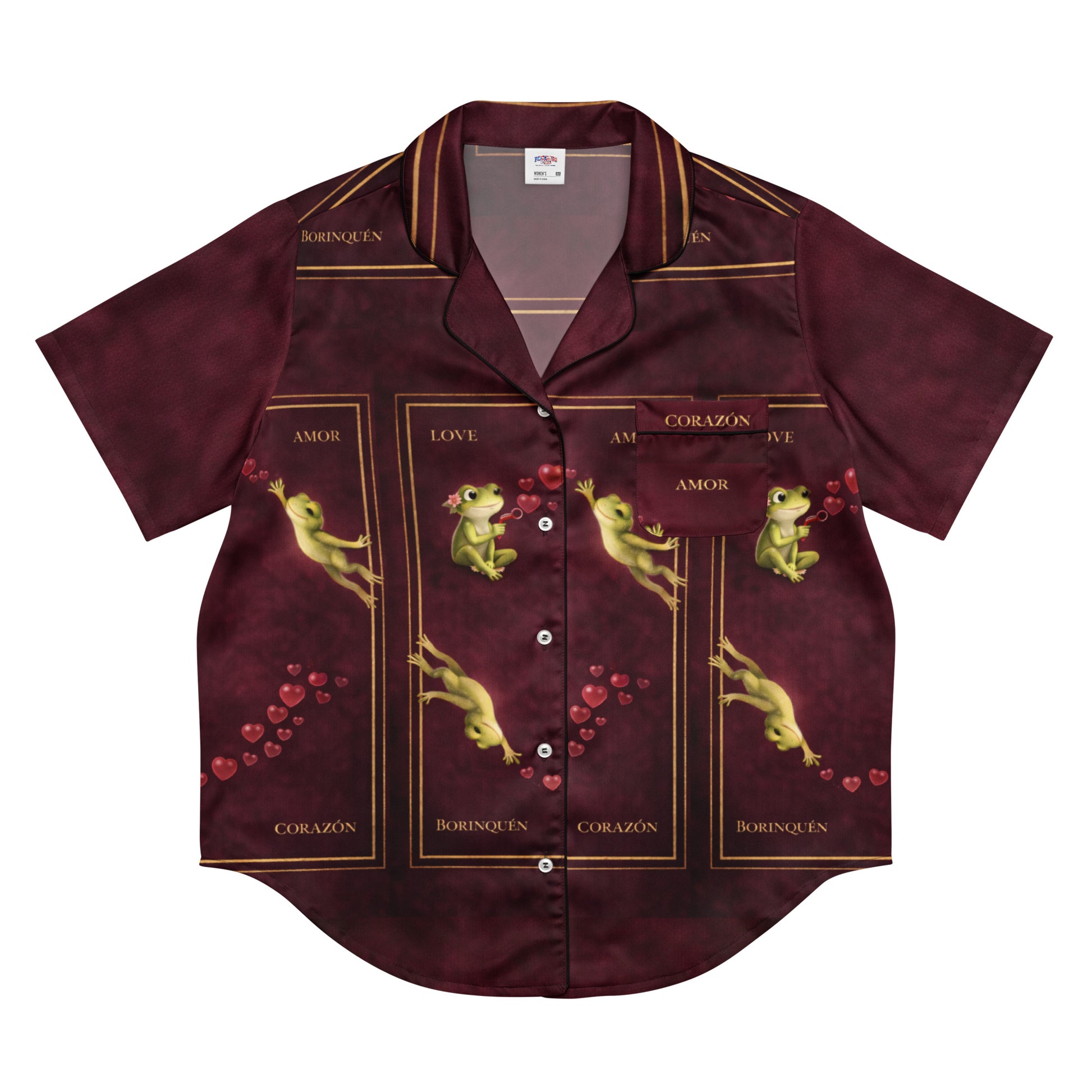 Pure⭐️Rican Amor BORINQUÉN pajama top in burgundy with gold trim, coquí frog design, and bilingual Love Corazón graphics shown in multiple angles.