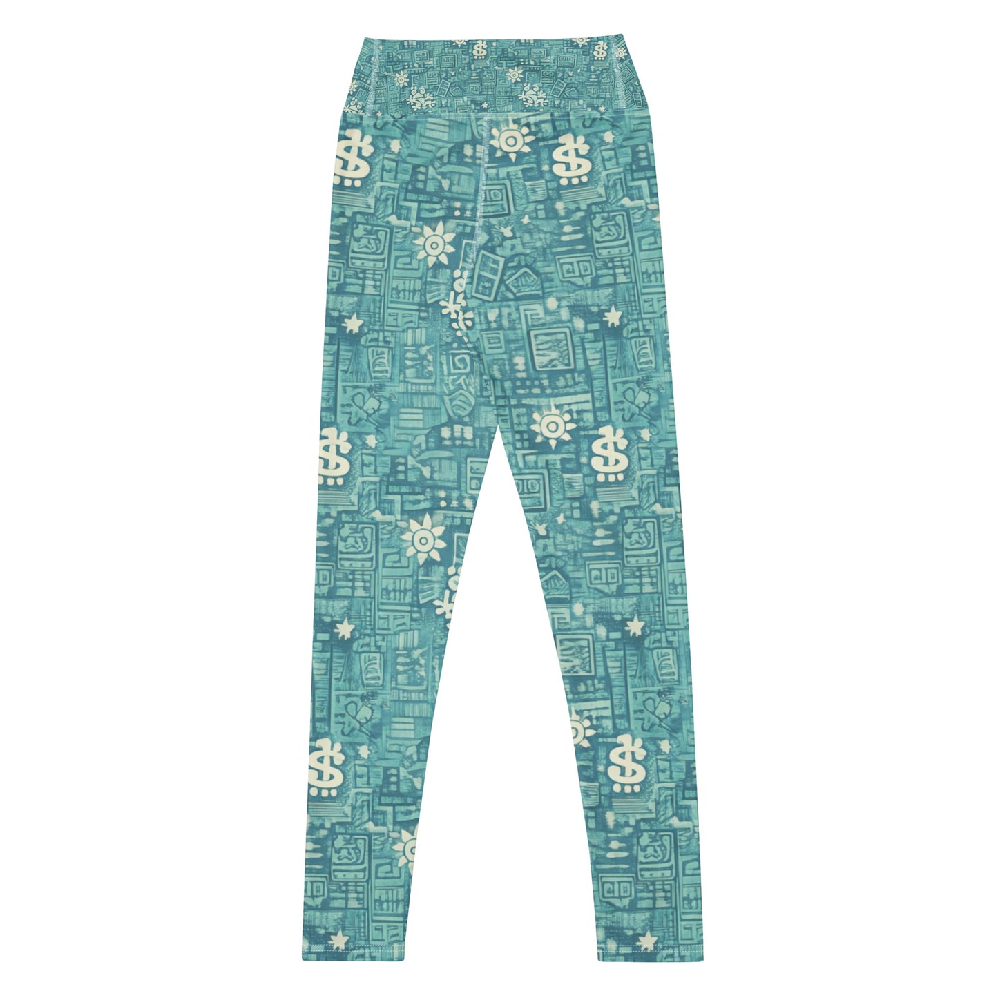 Pure⭐️Rican women’s teal performance yoga leggings with cultural island pattern, back view