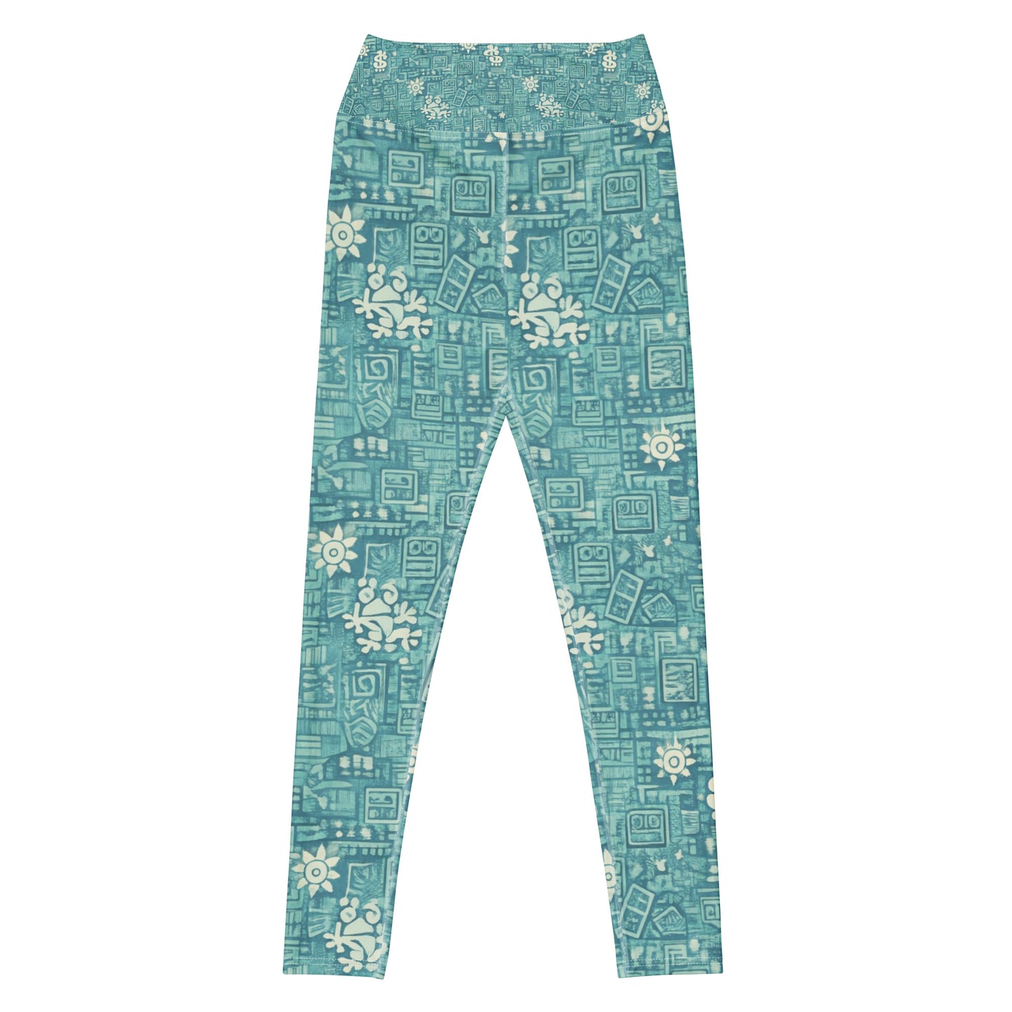 Pure⭐️Rican women’s teal high-waisted yoga pants with all-over island-inspired heritage print, front view